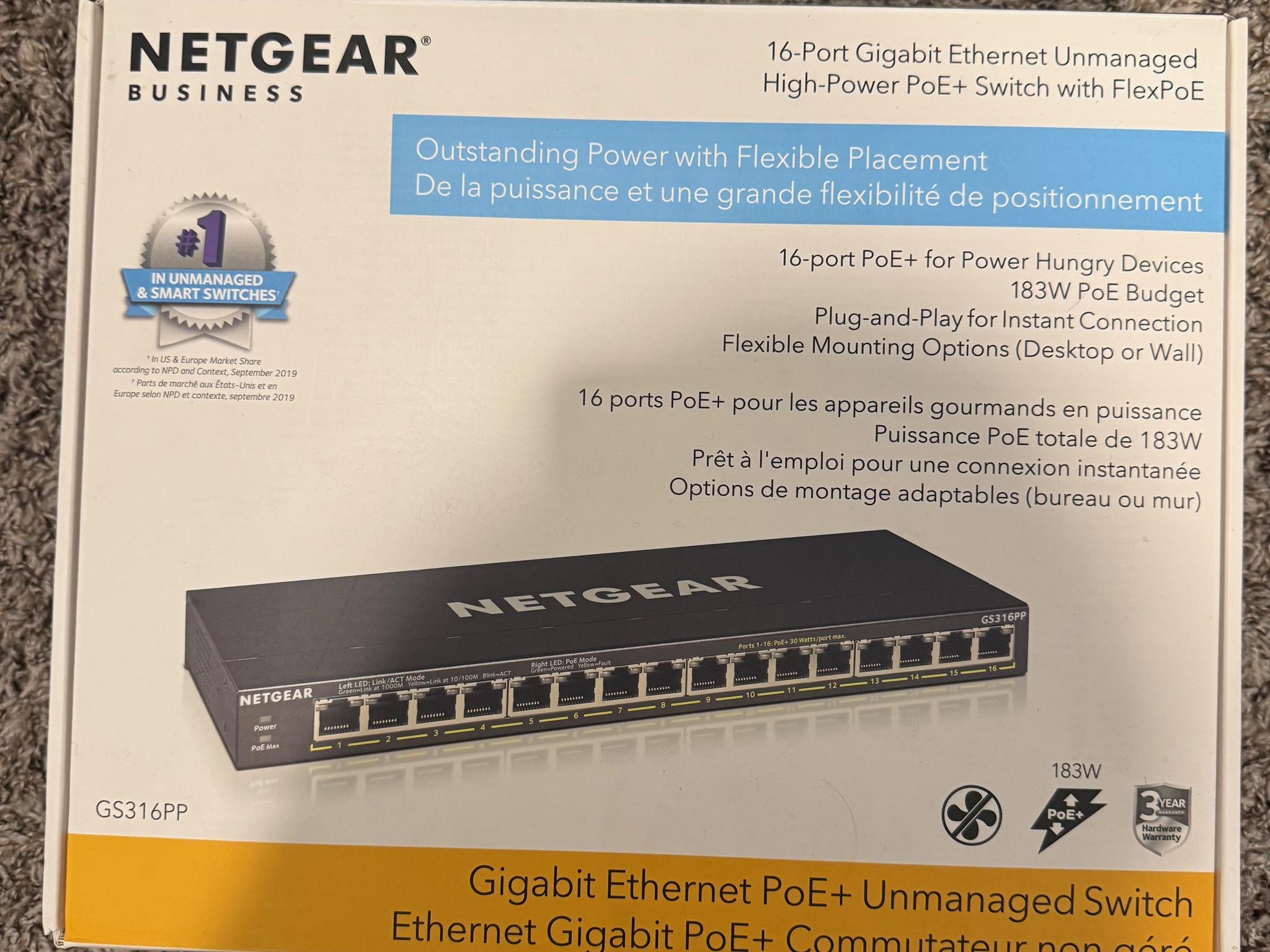 NETGEAR 16-Port PoE+ Gigabit Ethernet Unmanaged Essentials Switch (GS316PP) - with 16 x PoE+ @ 183W