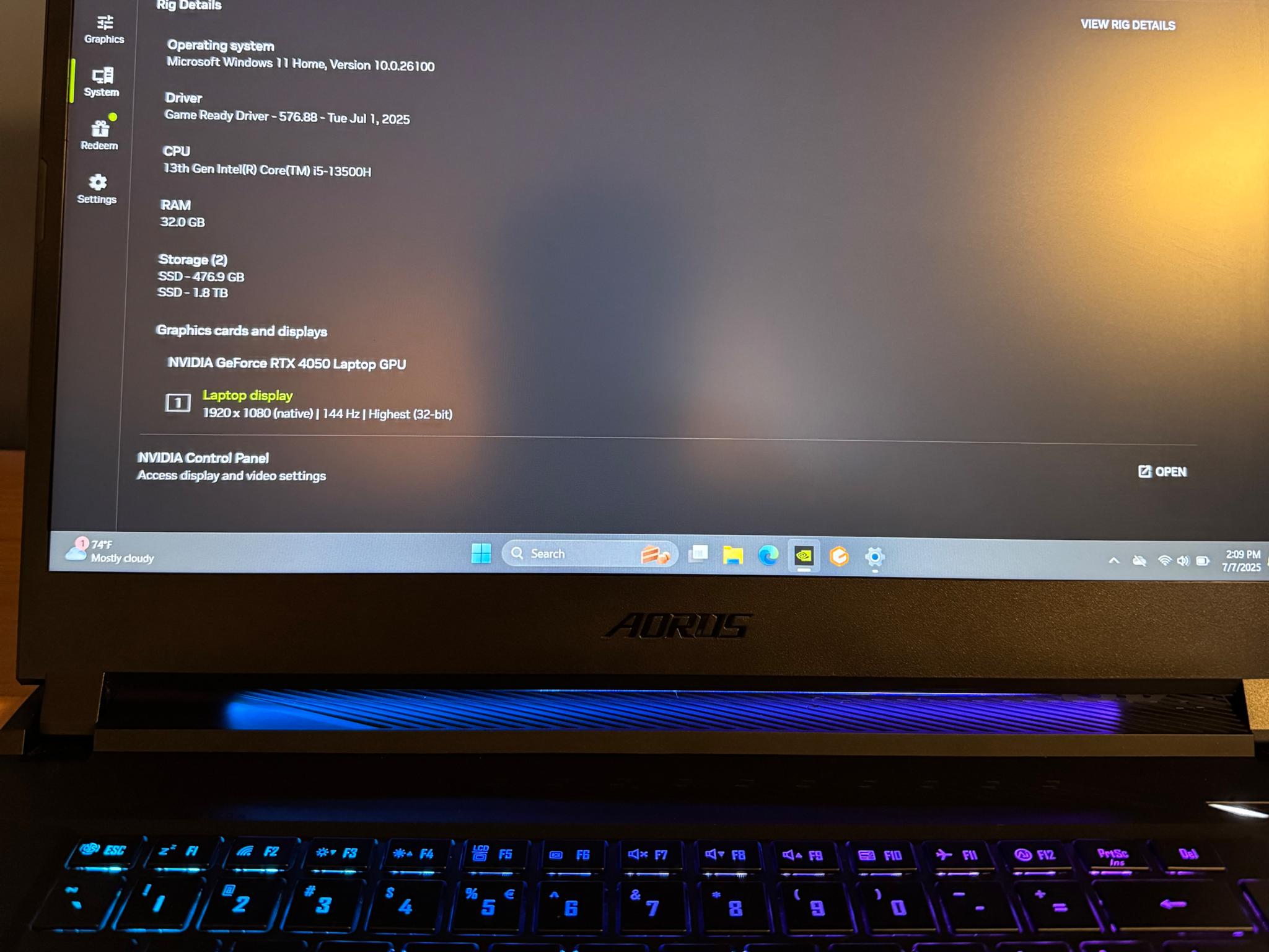 💻 Aorus Laptop | Intel 13500H, RTX 4050, 32GB DDR5, 2.5TB SSD,