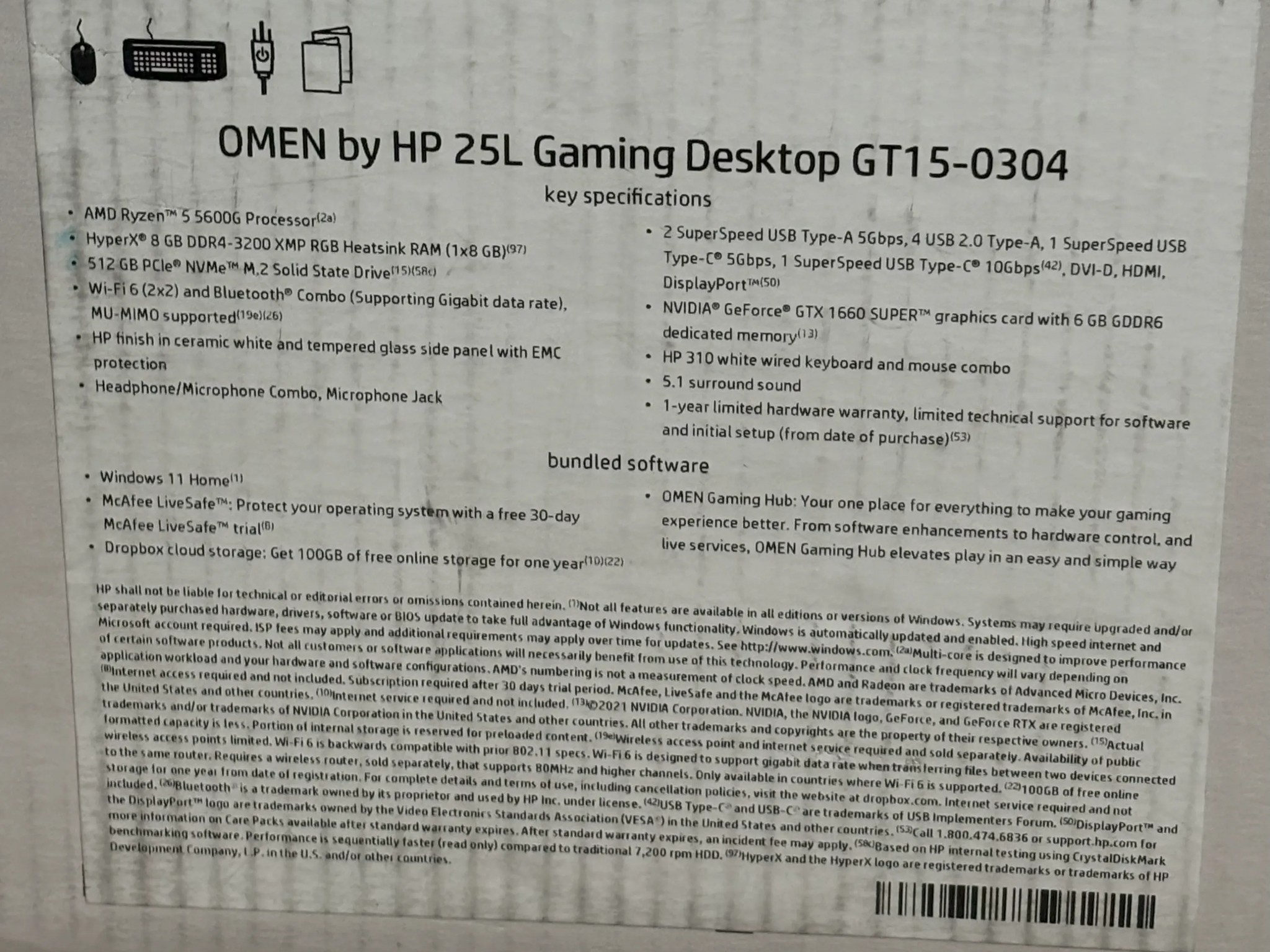 Used Pre-Built White HP Omen 25L AMD Ryzen 5 5600G NVIDIA GeForce GTX 1660 SUPER 8GB VRAM 24GB Ram