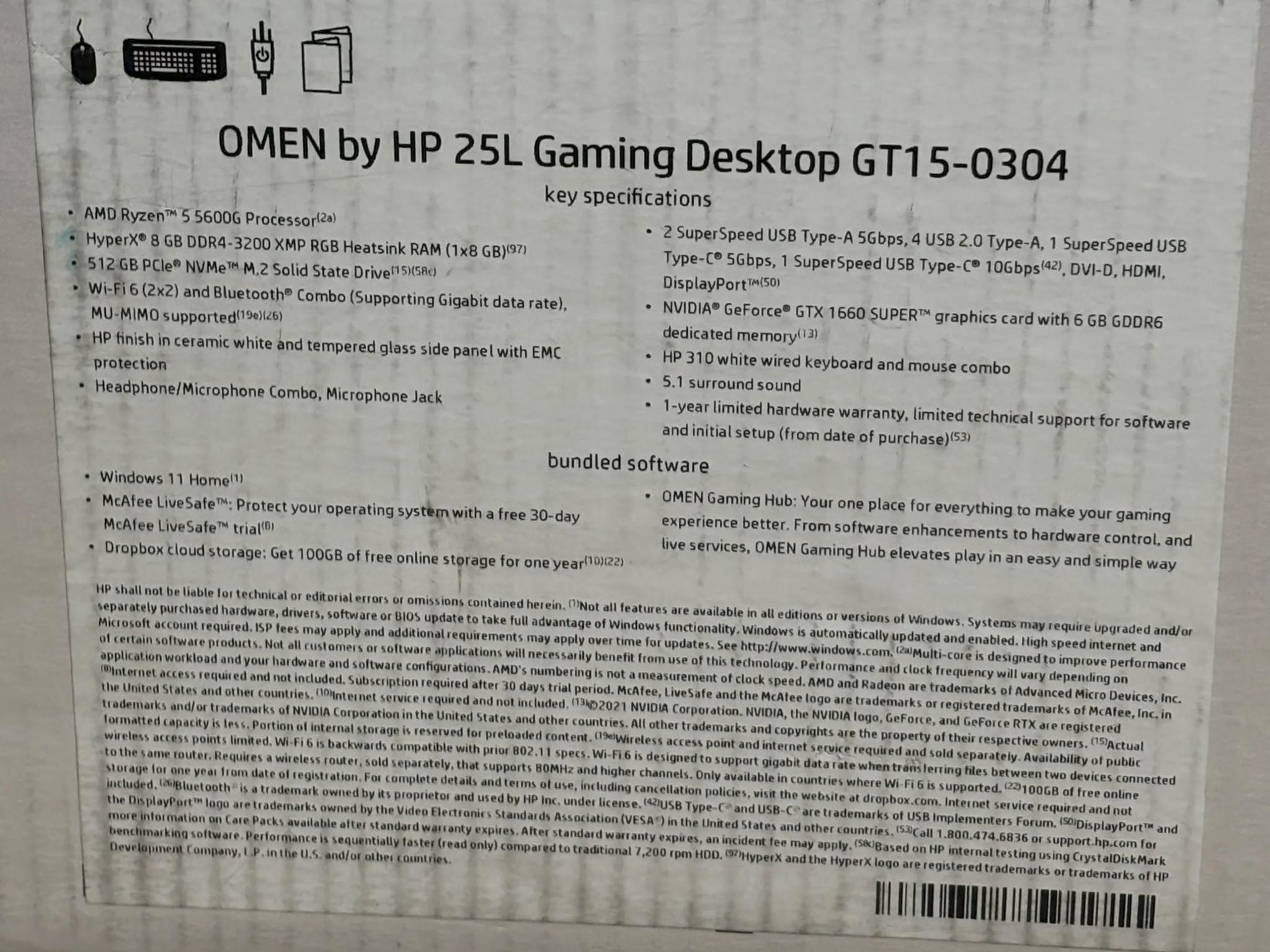 Used Pre-Built White HP Omen 25L AMD Ryzen 5 5600G NVIDIA GeForce GTX 1660 SUPER 8GB VRAM 24GB Ram