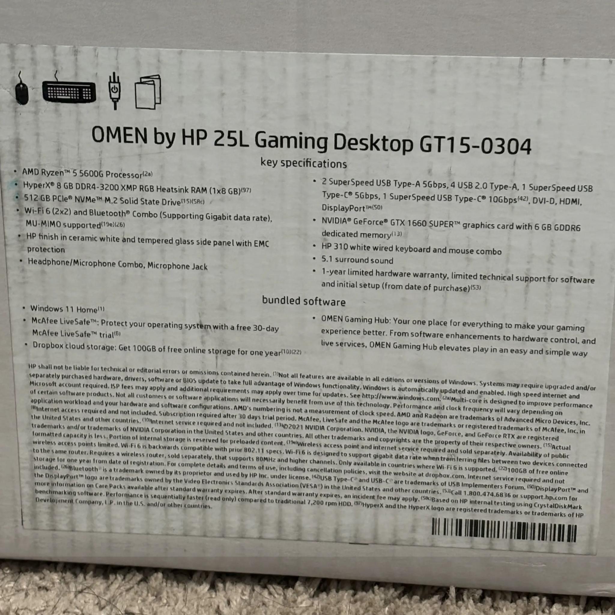 Used Pre-Built White HP Omen 25L AMD Ryzen 5 5600G NVIDIA GeForce GTX 1660 SUPER 8GB VRAM 24GB Ram