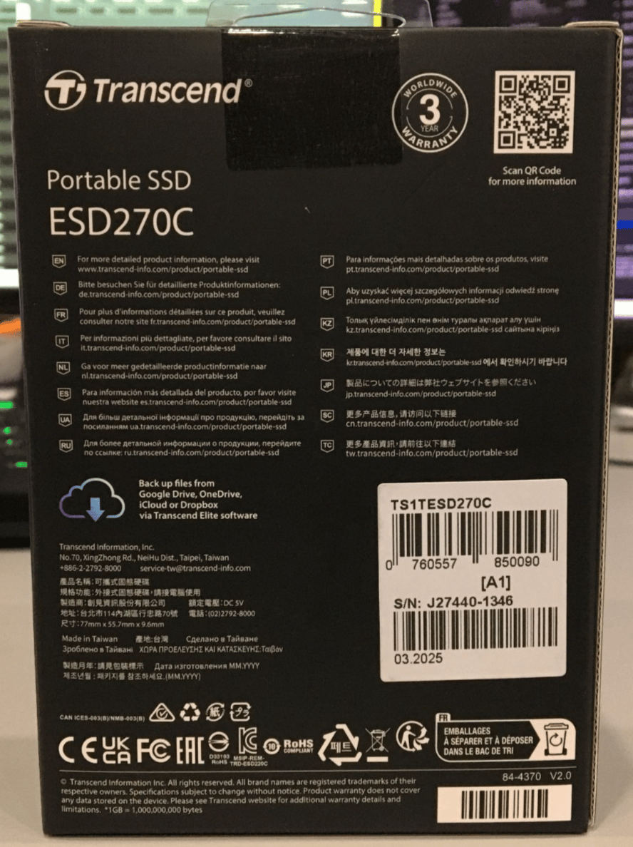 Transcend ESD270C 1TB Portable External SSD USB-C TS1TESD270C