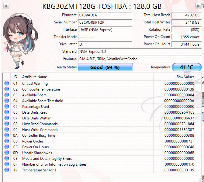 Toshiba 128GB NVMe SSD Tested Working 94% Health M.2