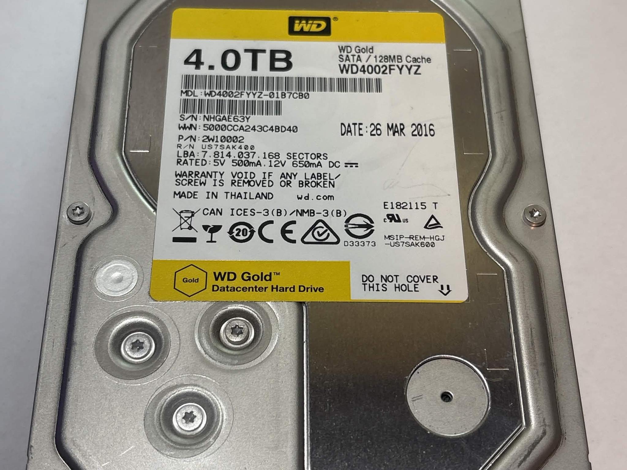 WD Gold 4TB WD4002FYYZ 7200RPM SATA Datacenter HDD – 51,650 Hours – SMART Good