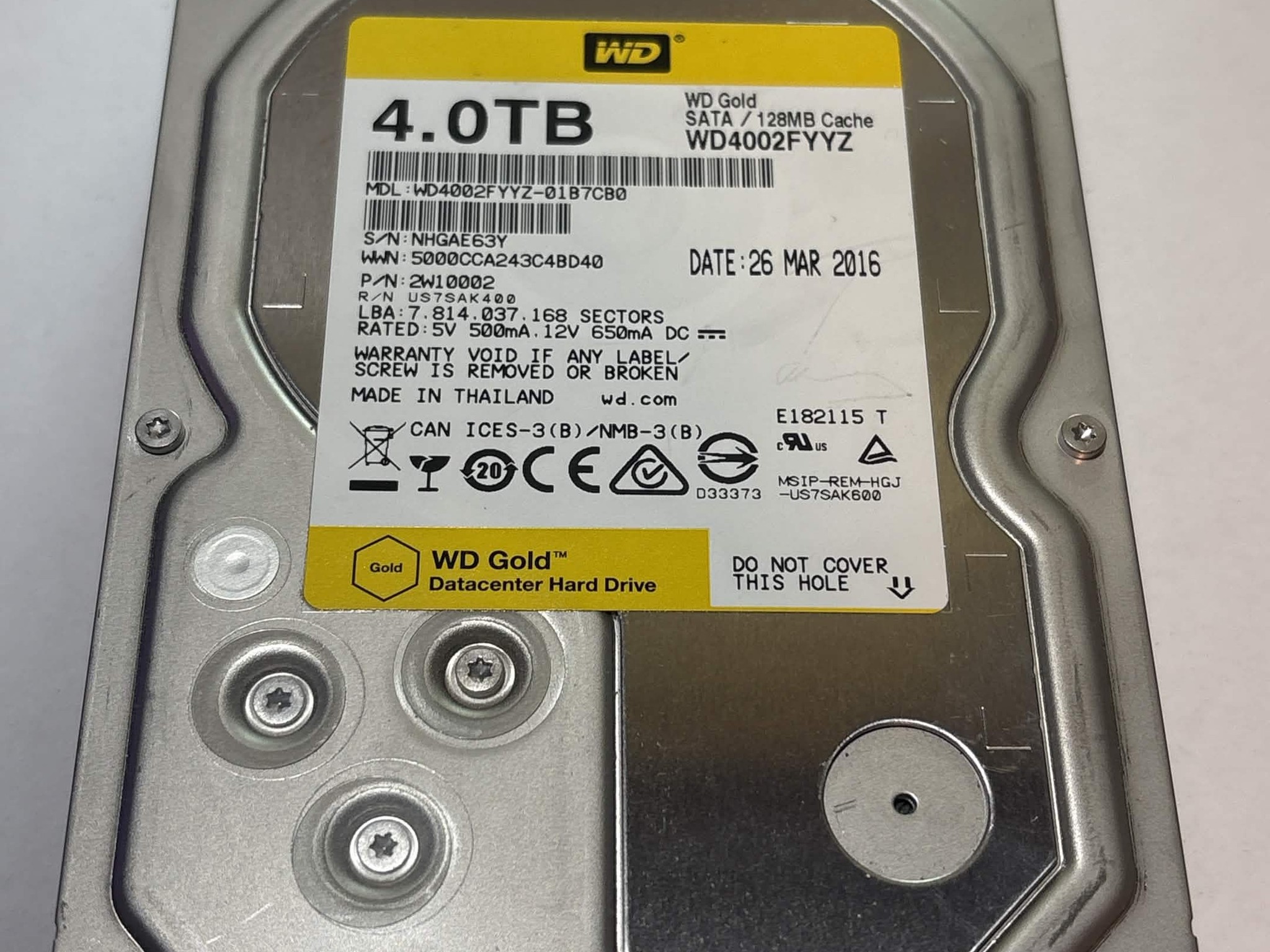 WD Gold 4TB WD4002FYYZ 7200RPM SATA Datacenter HDD – 51,650 Hours – SMART Good