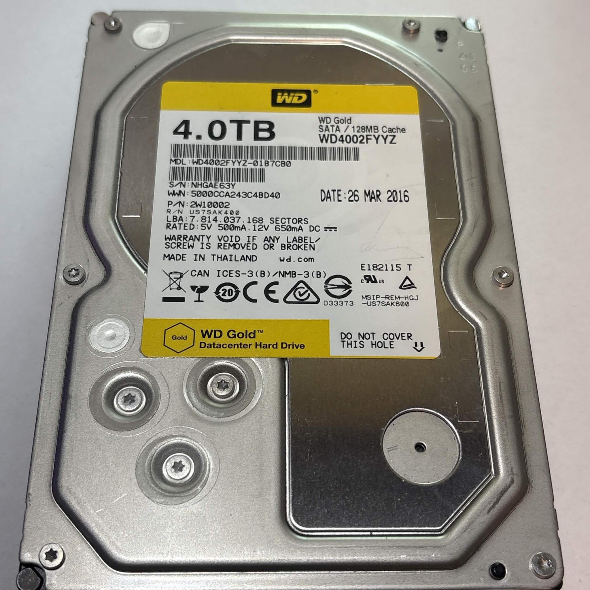WD Gold 4TB WD4002FYYZ 7200RPM SATA Datacenter HDD – 51,650 Hours – SMART Good