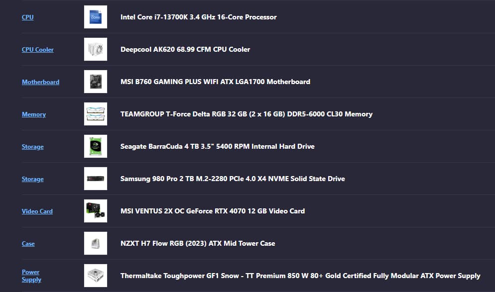 Intel i7-13700k, RTX 4070, MSI b760 plus WIFI