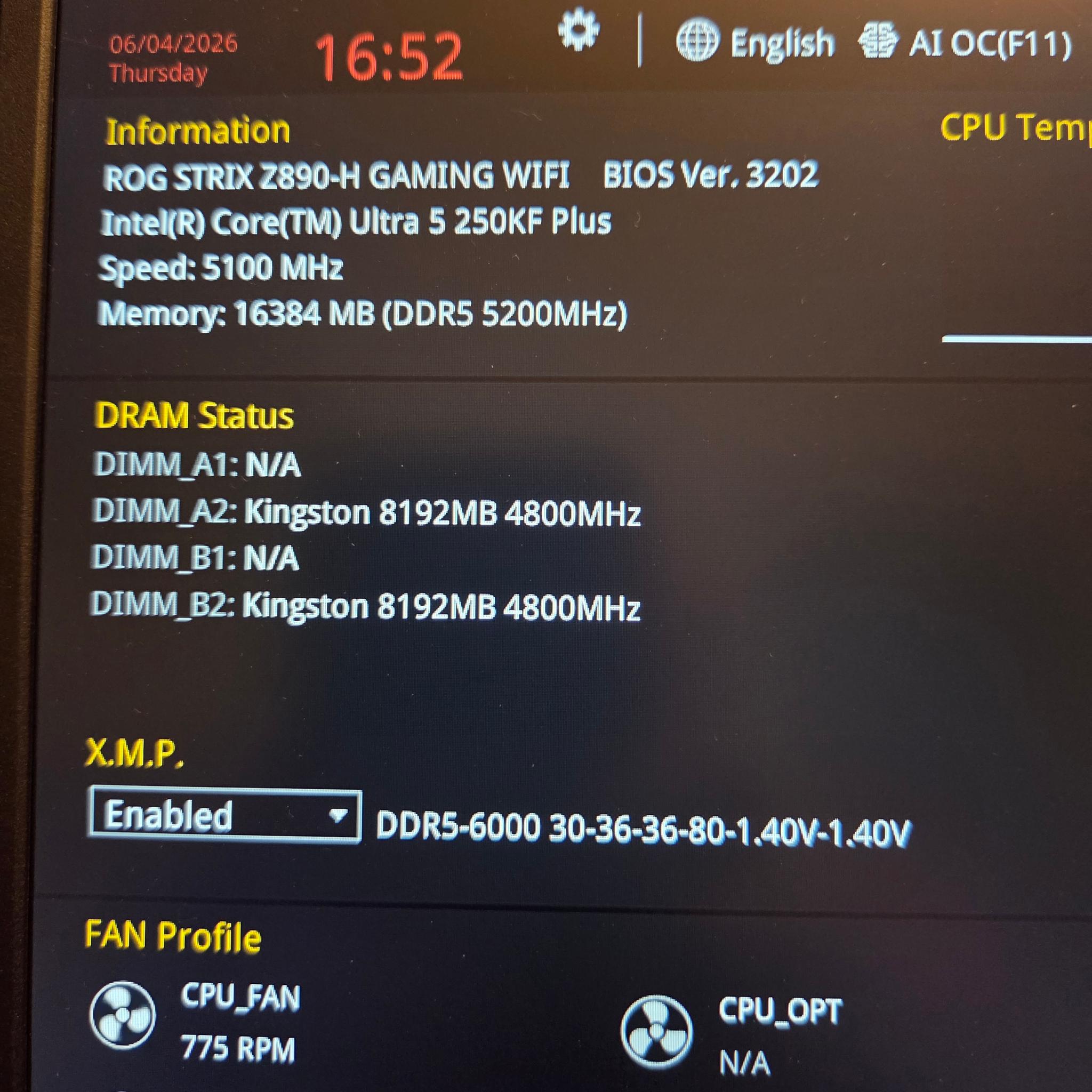 ASUS ROG STRIX Z890-H, Intel Core Ultra 5 250KF, MSI RTX 4060 8GB, 16GB 6000 CL30 RAM