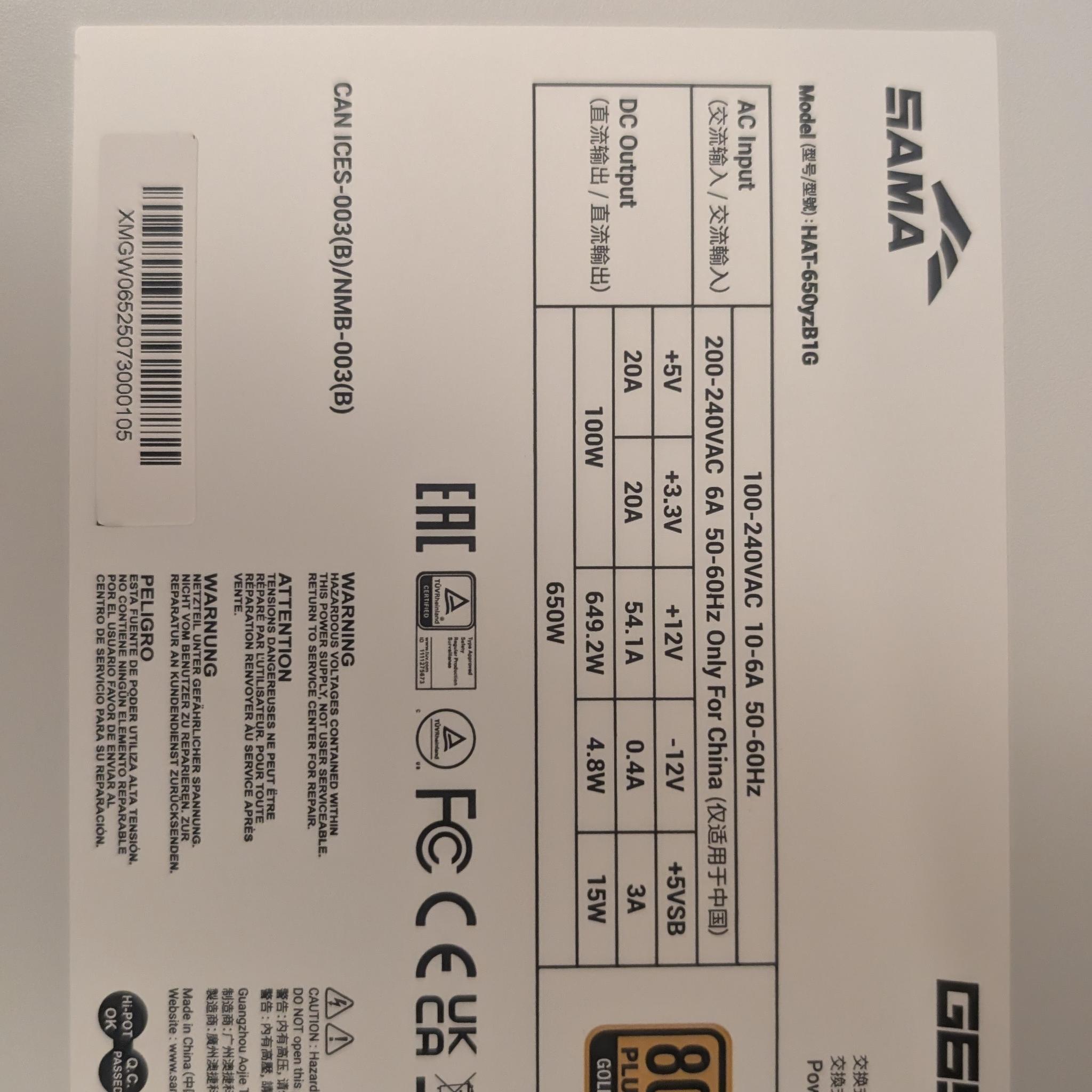 SAMA G650W 650W White Fully Modular PSU 80 PLUS GOLD