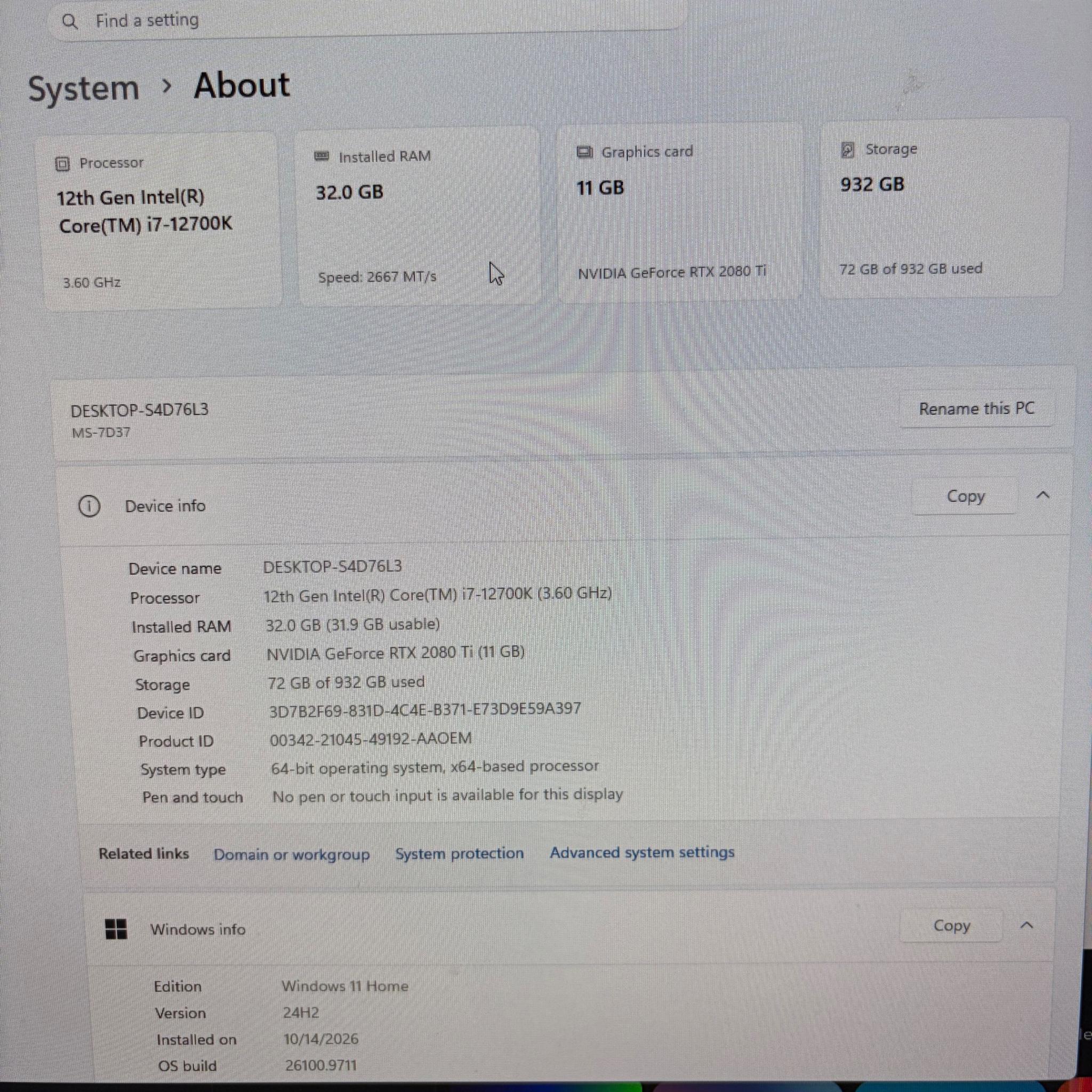 GeForce RTX 2080 ti Custom Gaming PC - Core i7-12gen, 16GB RAM, 1tb SSD