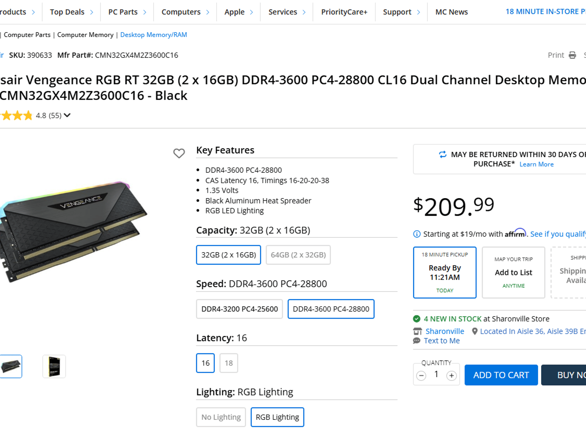 32GB CORSAIR RGB RT DDR4-3600 CL16 (2 x 16GB)