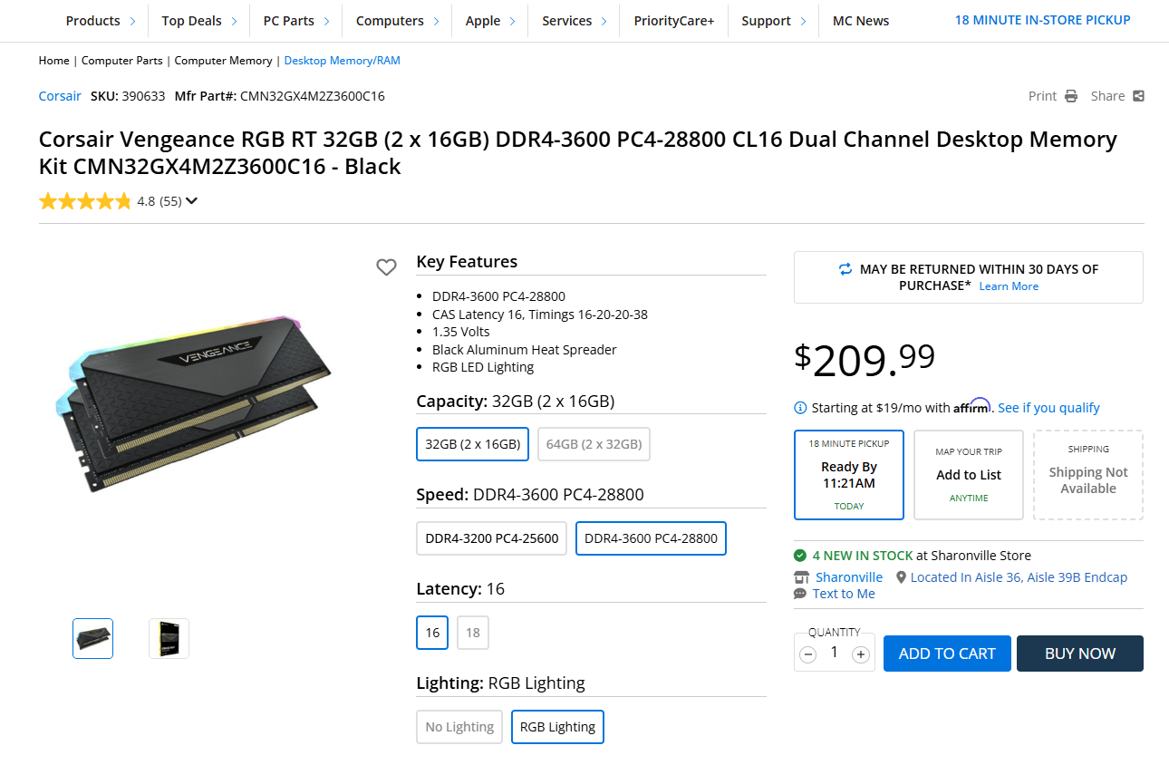 32GB CORSAIR RGB RT DDR4-3600 CL16 (2 x 16GB)