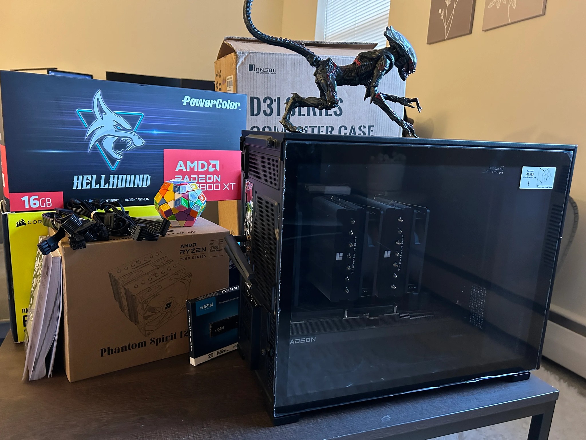 Ryzen 7 5700x 8 cores,  Radeon RX7800xt 16GB, 32GB RAM DDR4 3600, NVMe ssd 2TB, PSU Corsair 850w