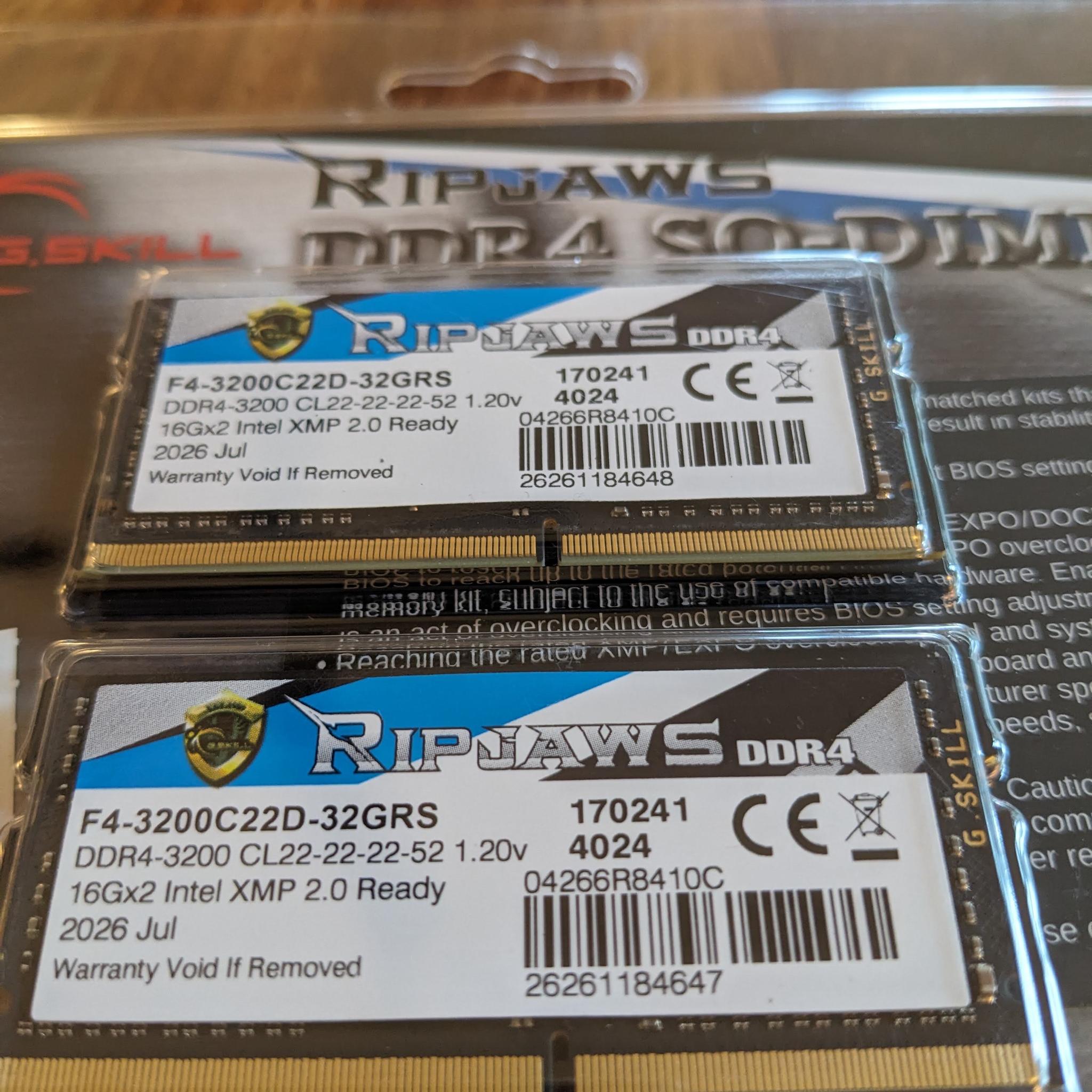 32GB G.SKILL RIPJAWS DDR SO-DIMM 3200MT CL22 -Brand New In Box!