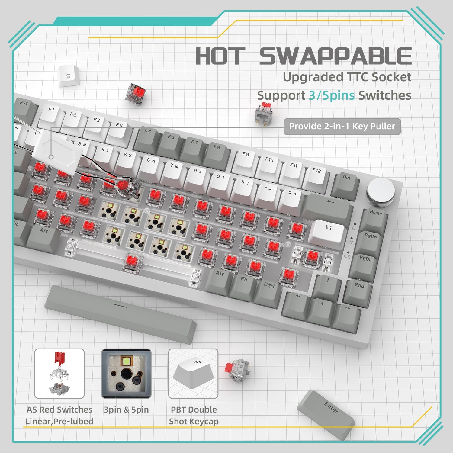 AK820 75% Mechanical Wired Gaming Keyboard with Knob Hot Swappable Attack Shark ajazz