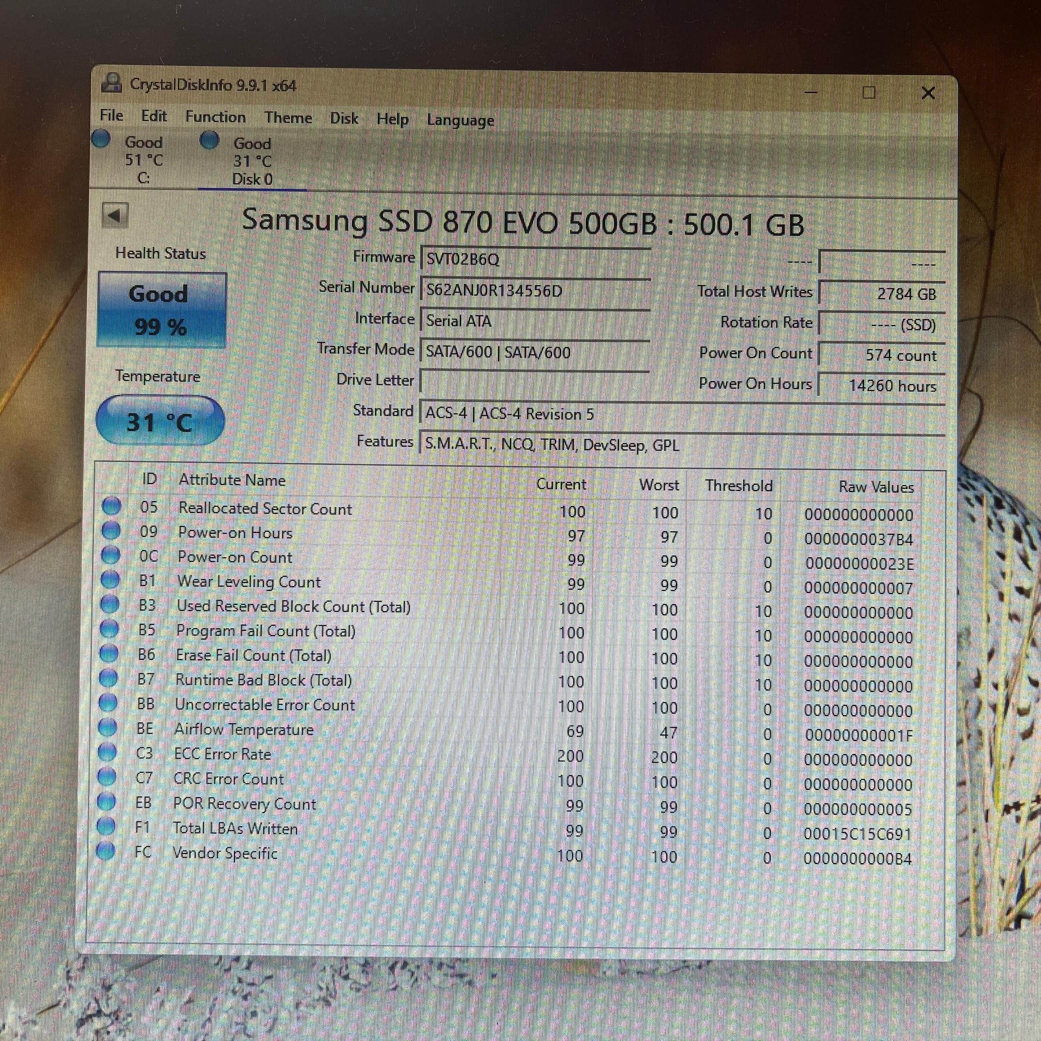 500GB Samsung 870 EVO SATA SSD with DRAM CACHE 99% Health
