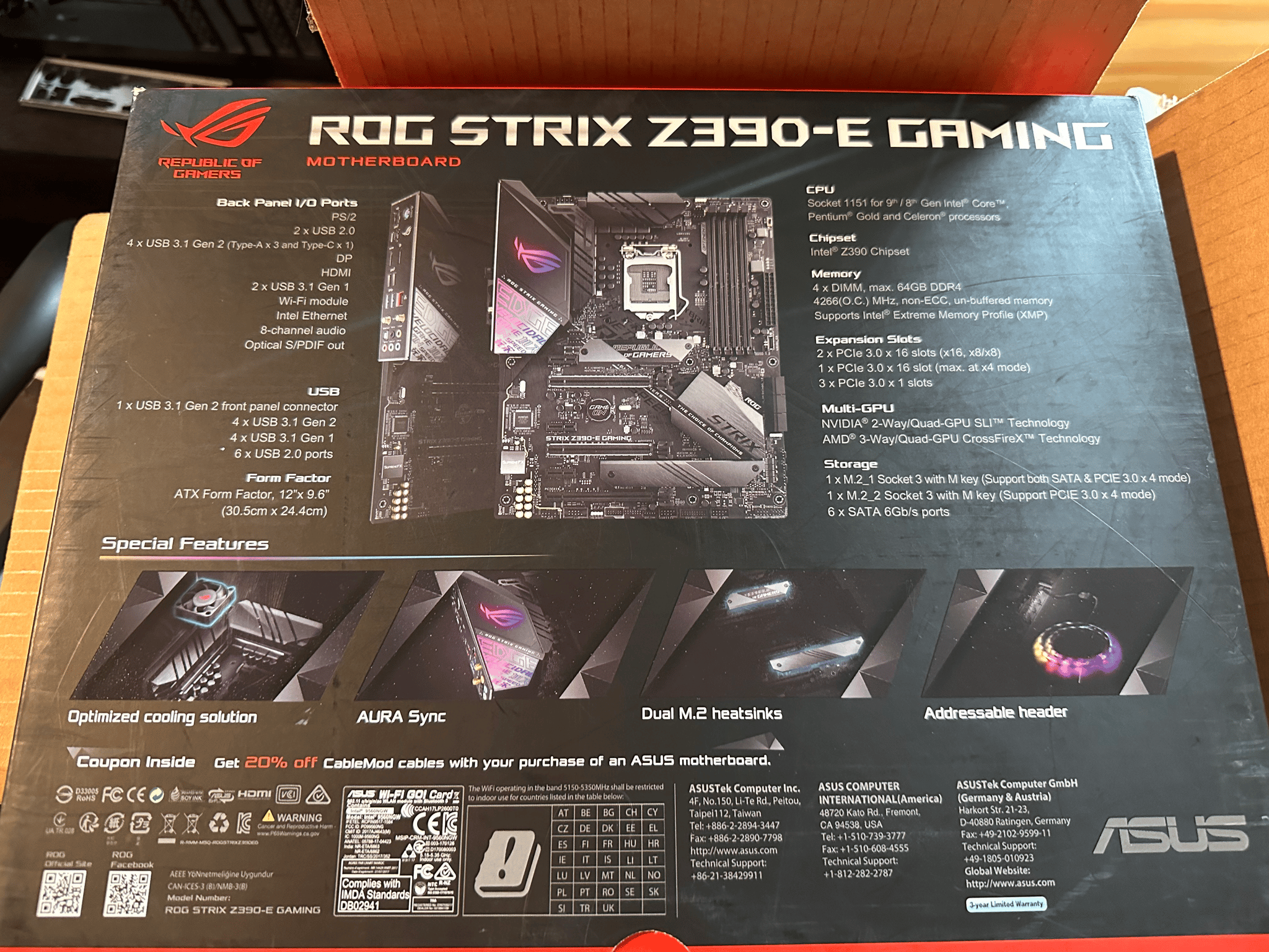 ASUS ROG STRIX Z390-e gaming motherboard with intel i9-9900k cpu installed