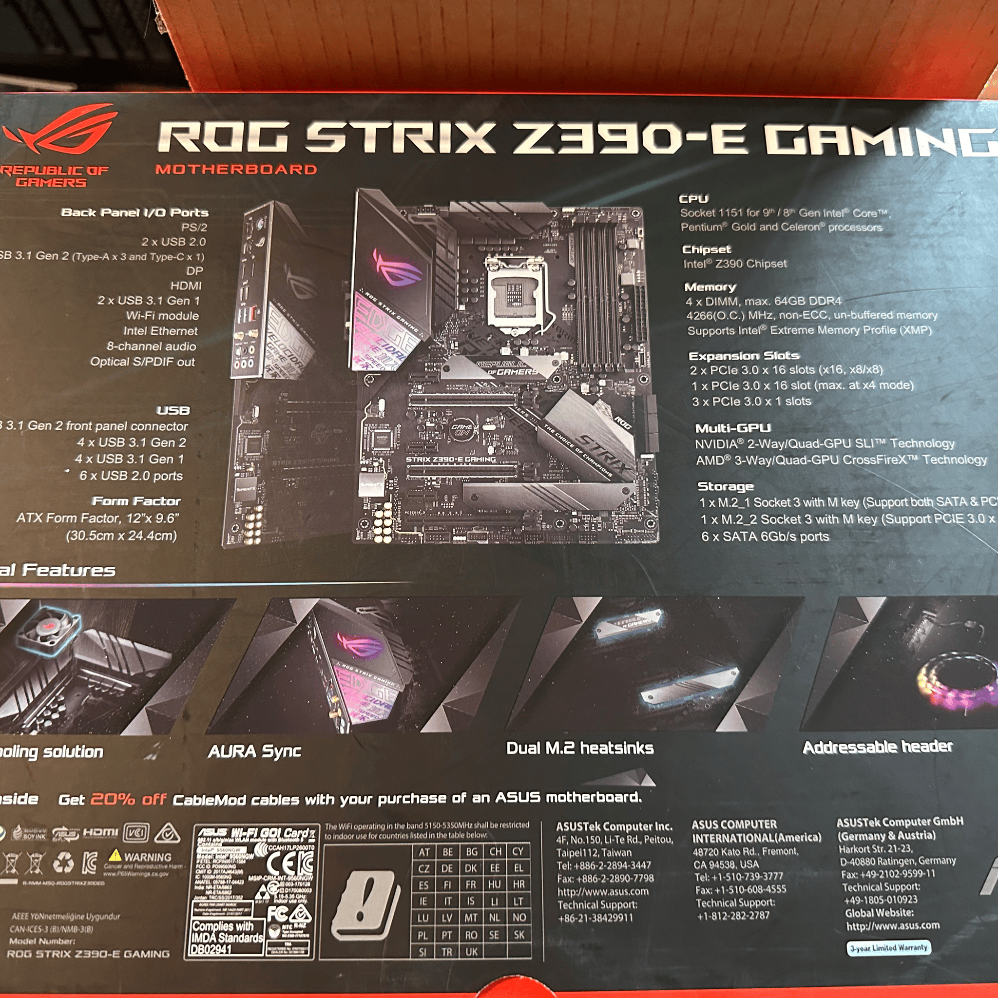 ASUS ROG STRIX Z390-e gaming motherboard with intel i9-9900k cpu installed
