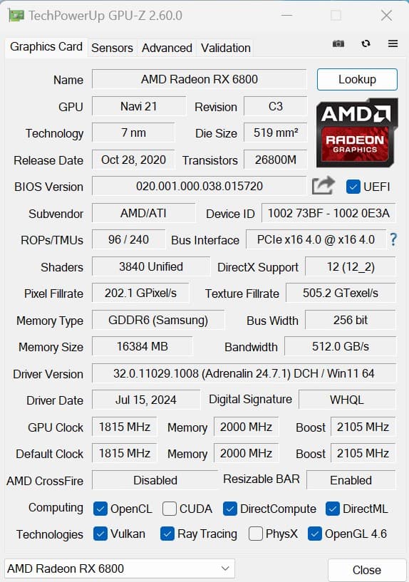 AMD RX 6800 16GB on sale! Free shipping