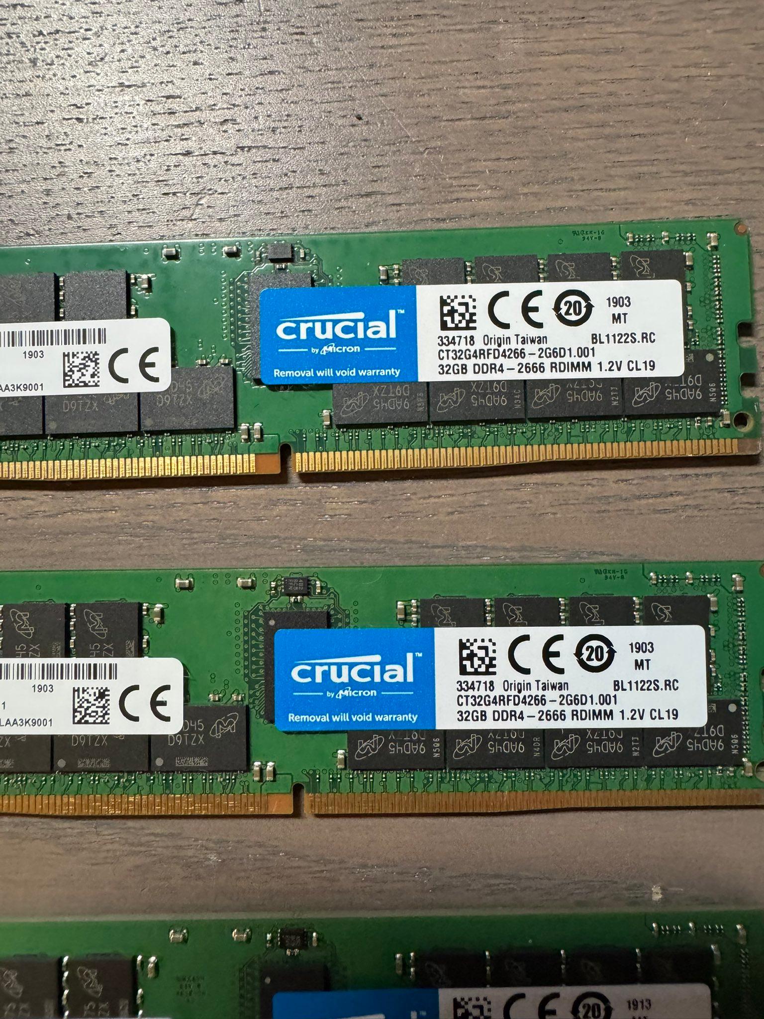 128GB - 4 x 32GB Crucial 2Rx4 PC4-2666MHz DDR4 ECC Reg Registered Server Ram