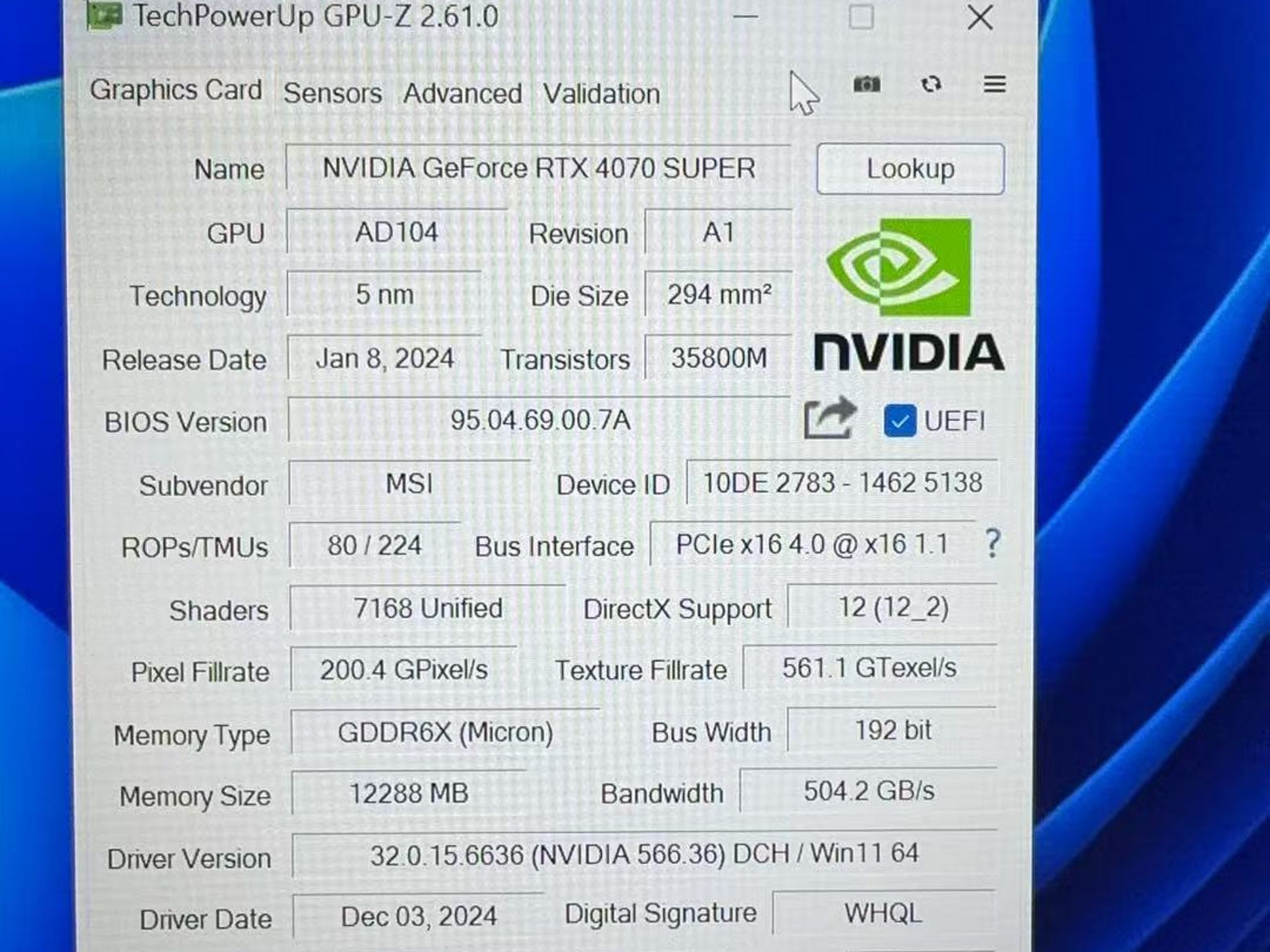 MSI Ventus GeForce RTX 4070 SUPER 12GB GDDR6X PCI Express 4.0 ATX Video Card RTX