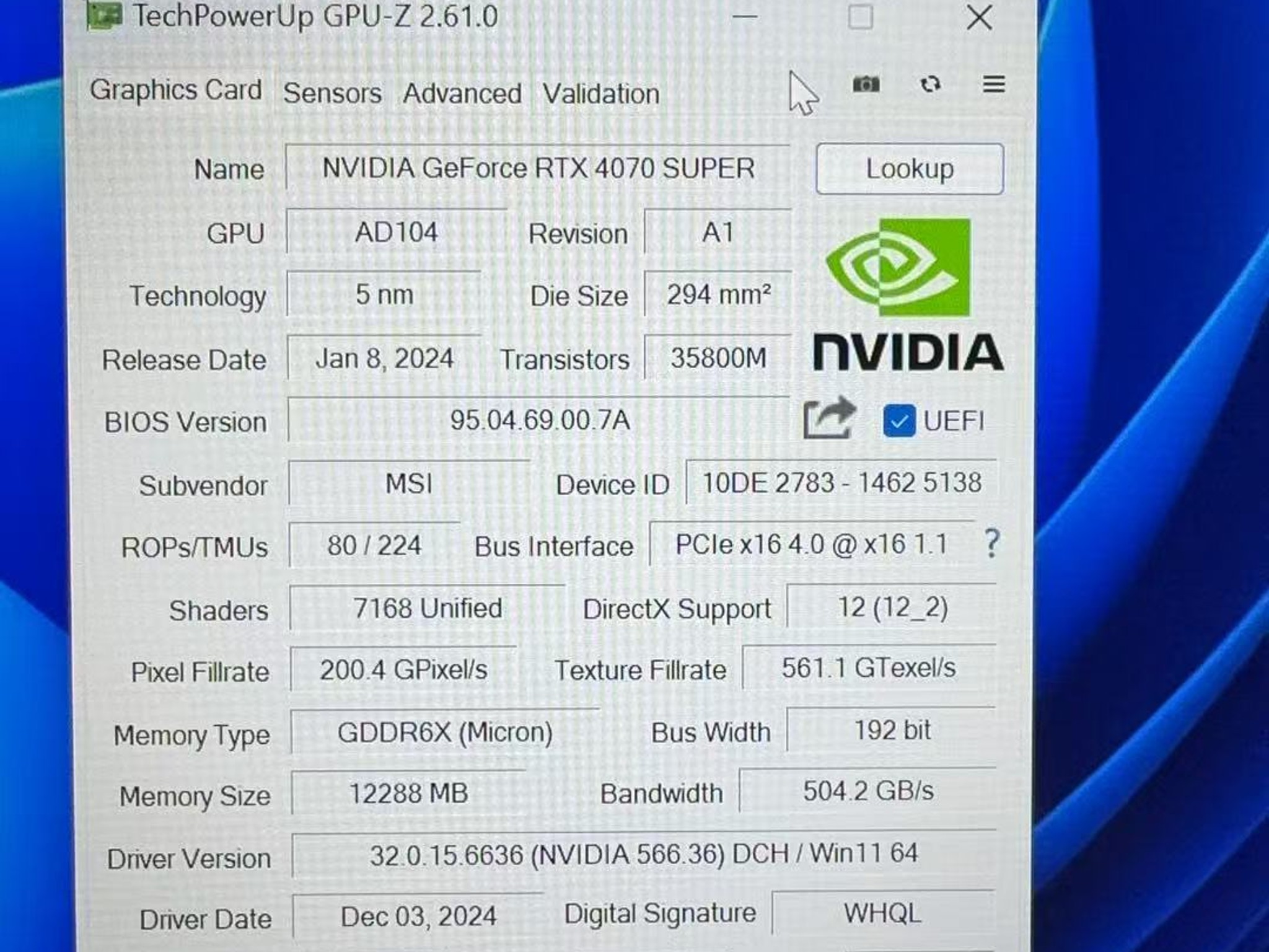 MSI Ventus GeForce RTX 4070 SUPER 12GB GDDR6X PCI Express 4.0 ATX Video Card RTX