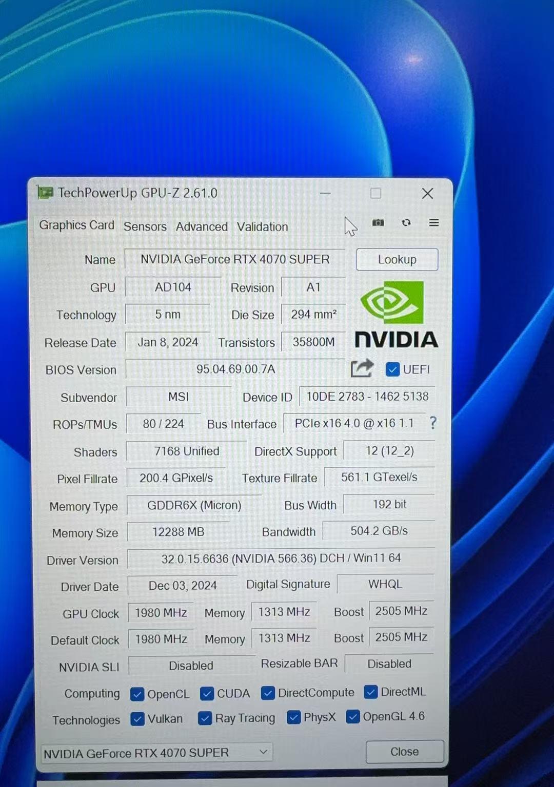 MSI Ventus GeForce RTX 4070 SUPER 12GB GDDR6X PCI Express 4.0 ATX Video Card RTX