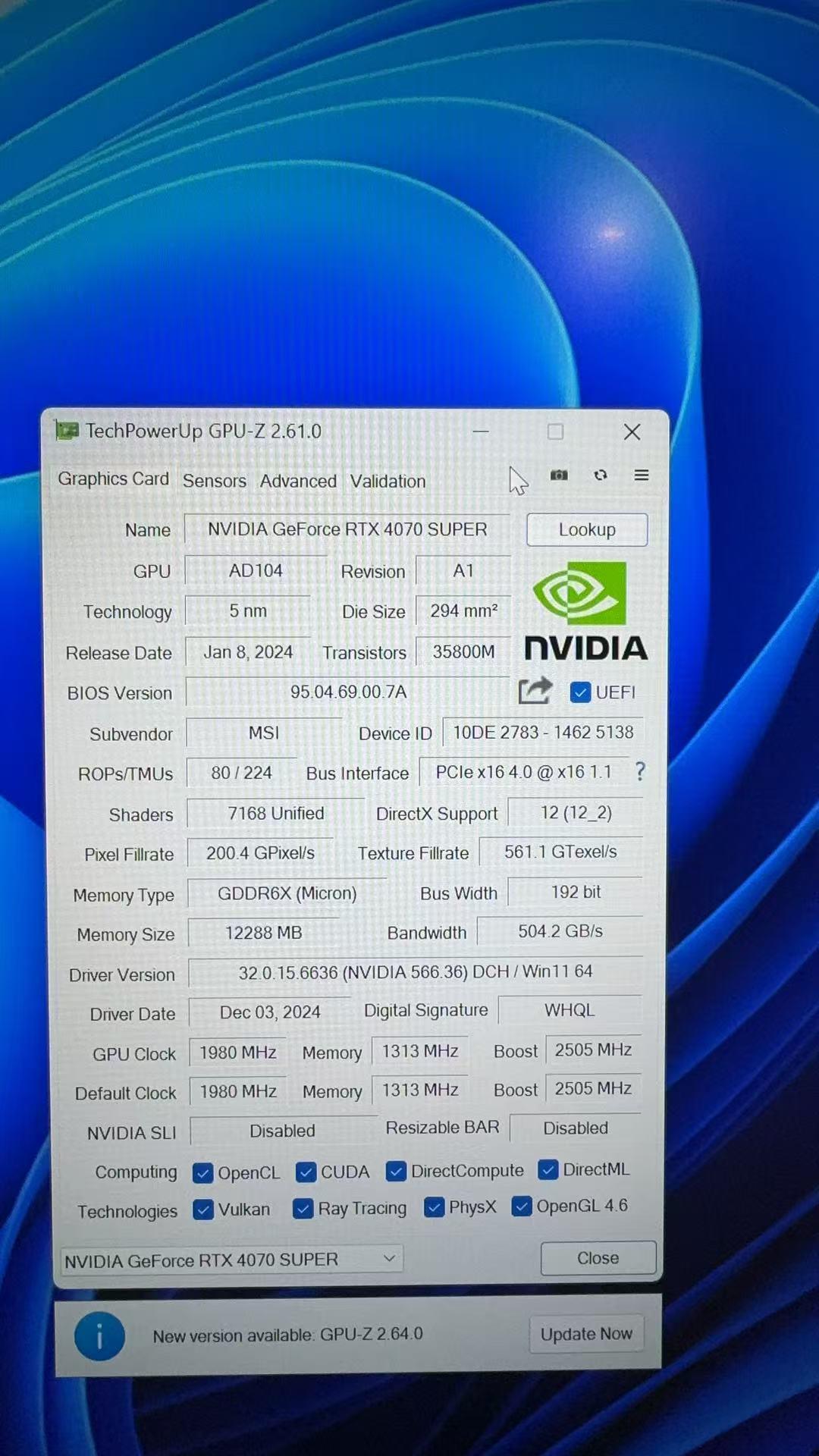 MSI Ventus GeForce RTX 4070 SUPER 12GB GDDR6X PCI Express 4.0 ATX Video Card RTX