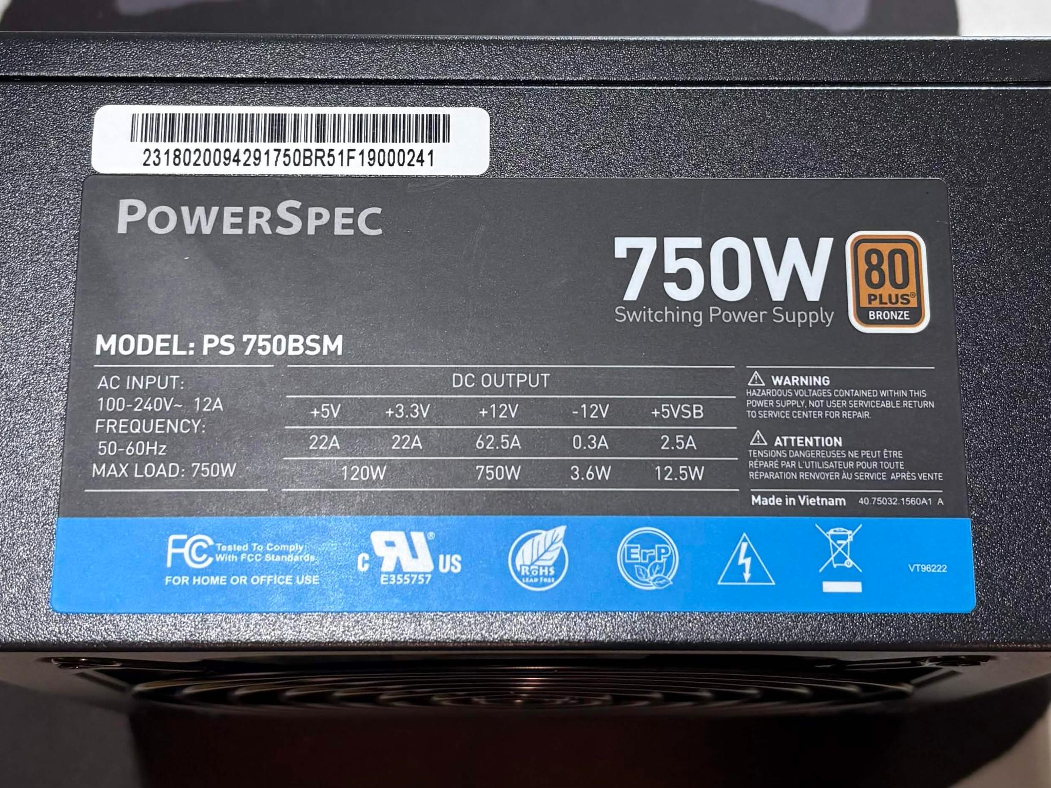 PowerSpec 750W 80+ Bronze PSU (Open Box, Complete)