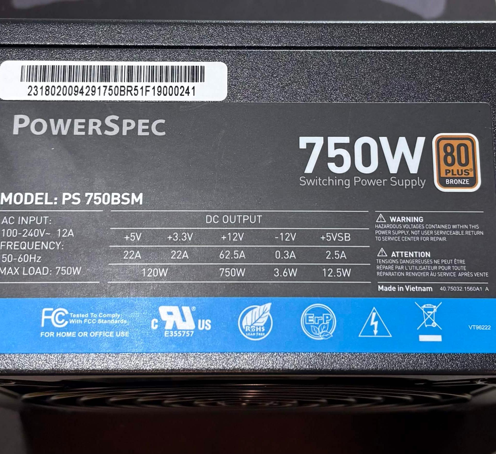 PowerSpec 750W 80+ Bronze PSU (Open Box, Complete)