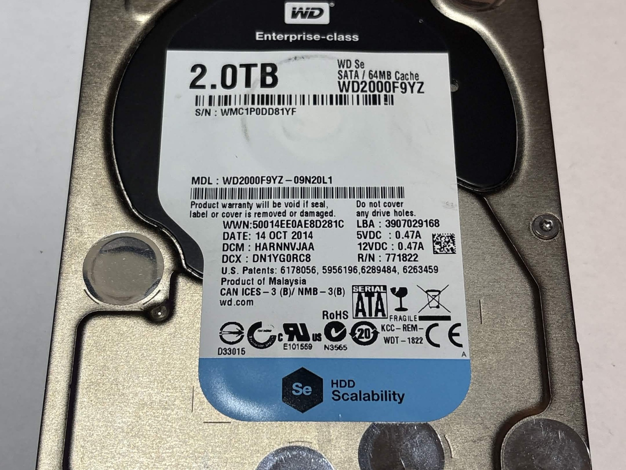WD Se 2TB Enterprise HDD – 7200RPM 64MB Cache SATA – WD2000F9YZ – Good SMART