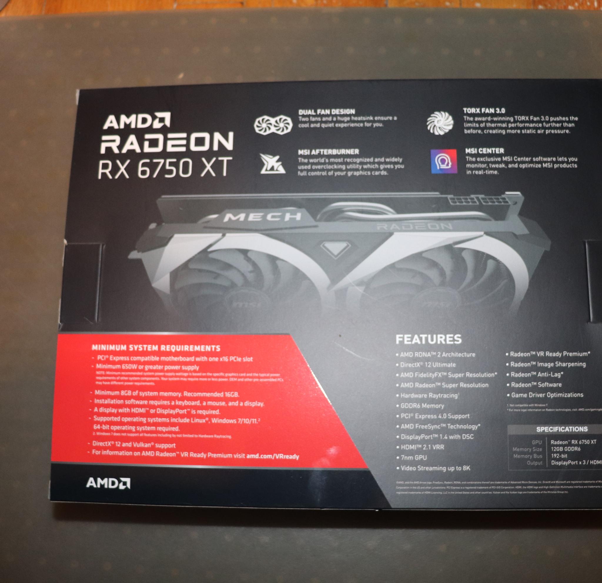AMD RADEON 6750 XT    MSI  Mech 2x  12 gig mem,