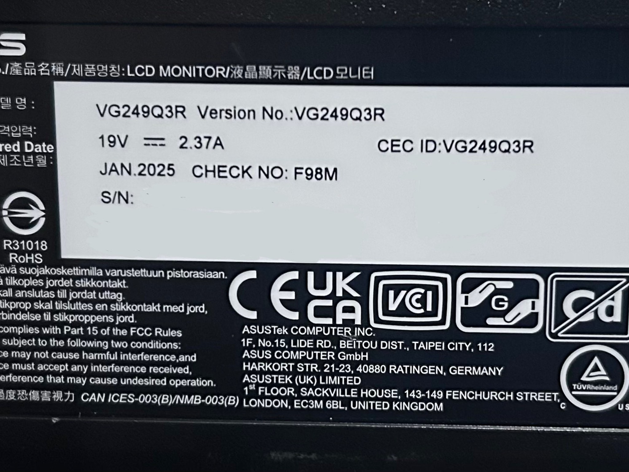 ASUS TUF Gaming 24" (180hz) (1920 x 1080) Gaming Monitor