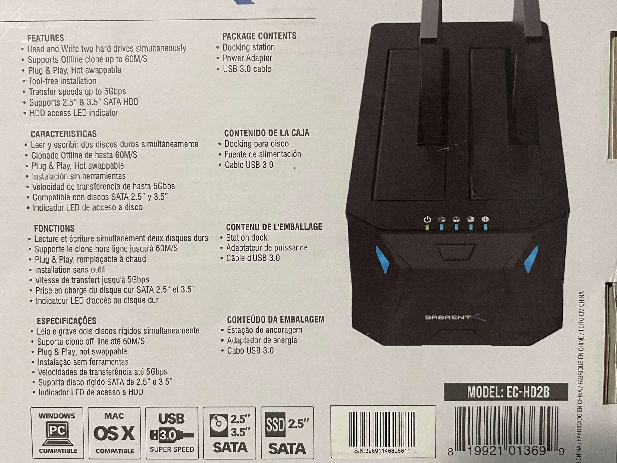 SABRENT EC-HD2B Dual Bay External Docking Station for 2.5 or 3.5in HDD, SSD