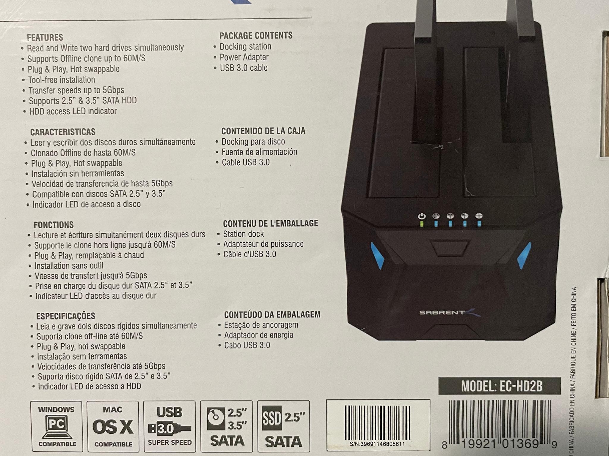 SABRENT EC-HD2B Dual Bay External Docking Station for 2.5 or 3.5in HDD, SSD