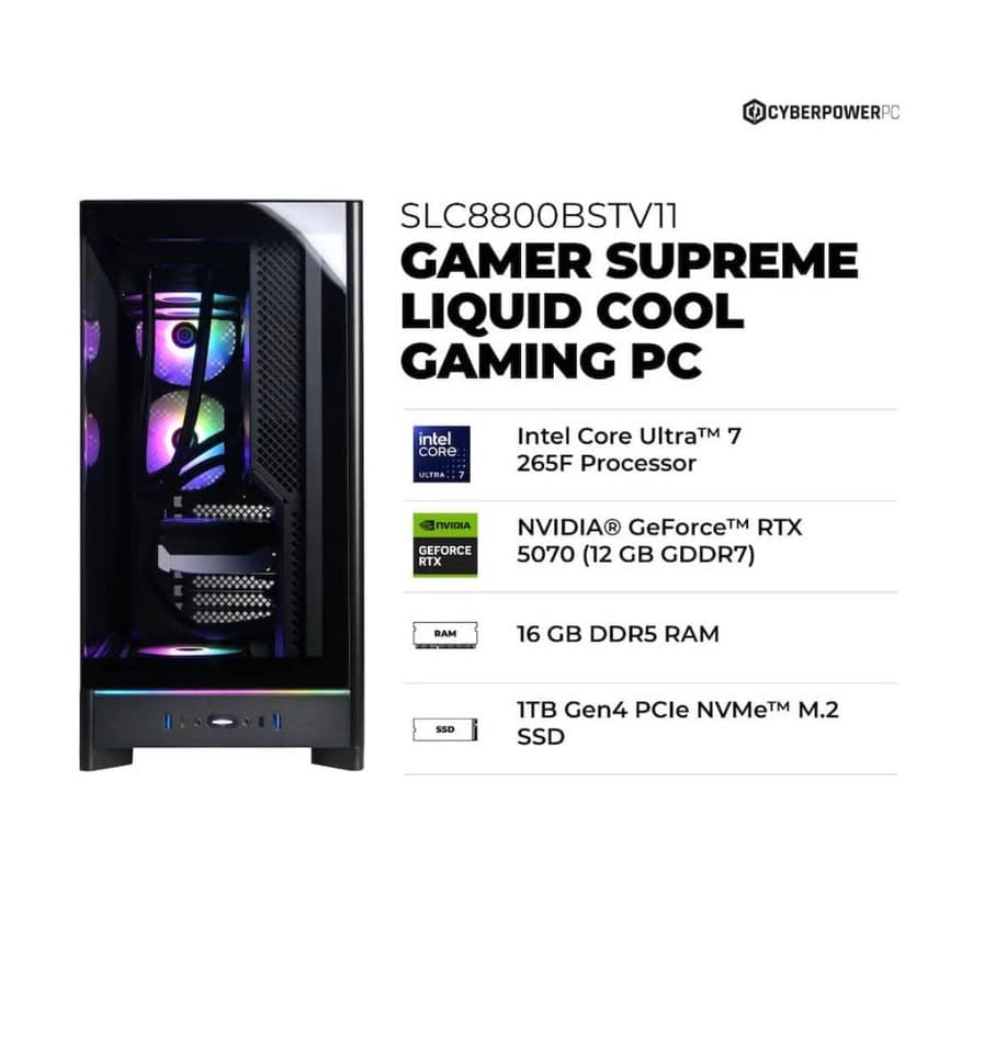 Brand New CyberPowerPC Gamer Supreme - Core Ultra 7 265F | RTX 5070 12GB | 16GB DDR5 | 1TB NVMe