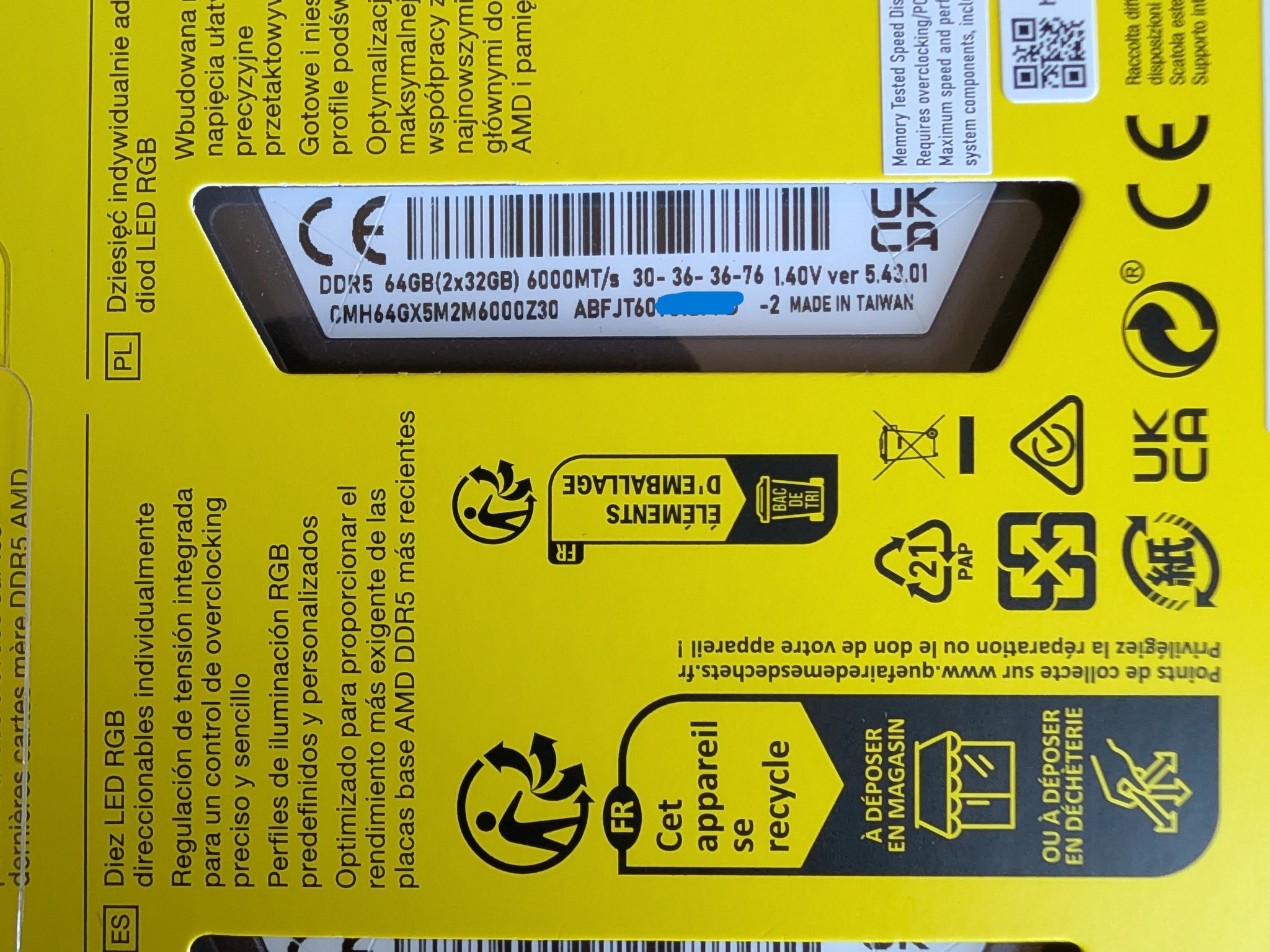 CORSAIR VENGEANCE RGB DDR5 64GB (2x32GB) 6000MT/s CL30 -NEW OPEN BOX