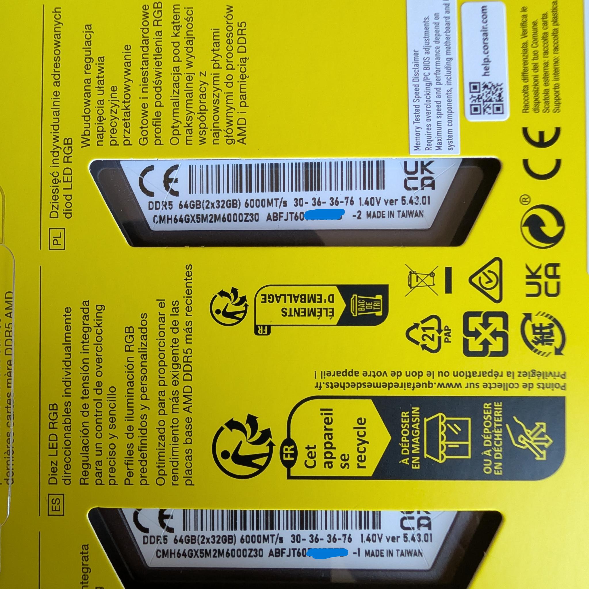 CORSAIR VENGEANCE RGB DDR5 64GB (2x32GB) 6000MT/s CL30 -NEW OPEN BOX