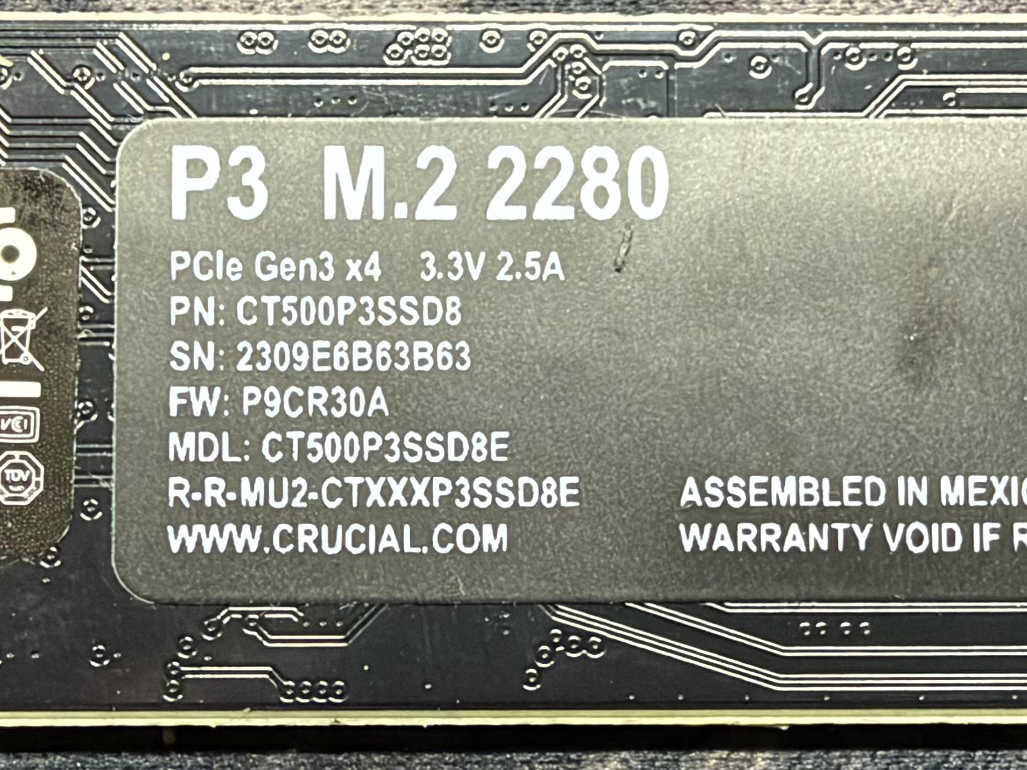 Crucial P3 500 GB NVME SSD (100% Health)