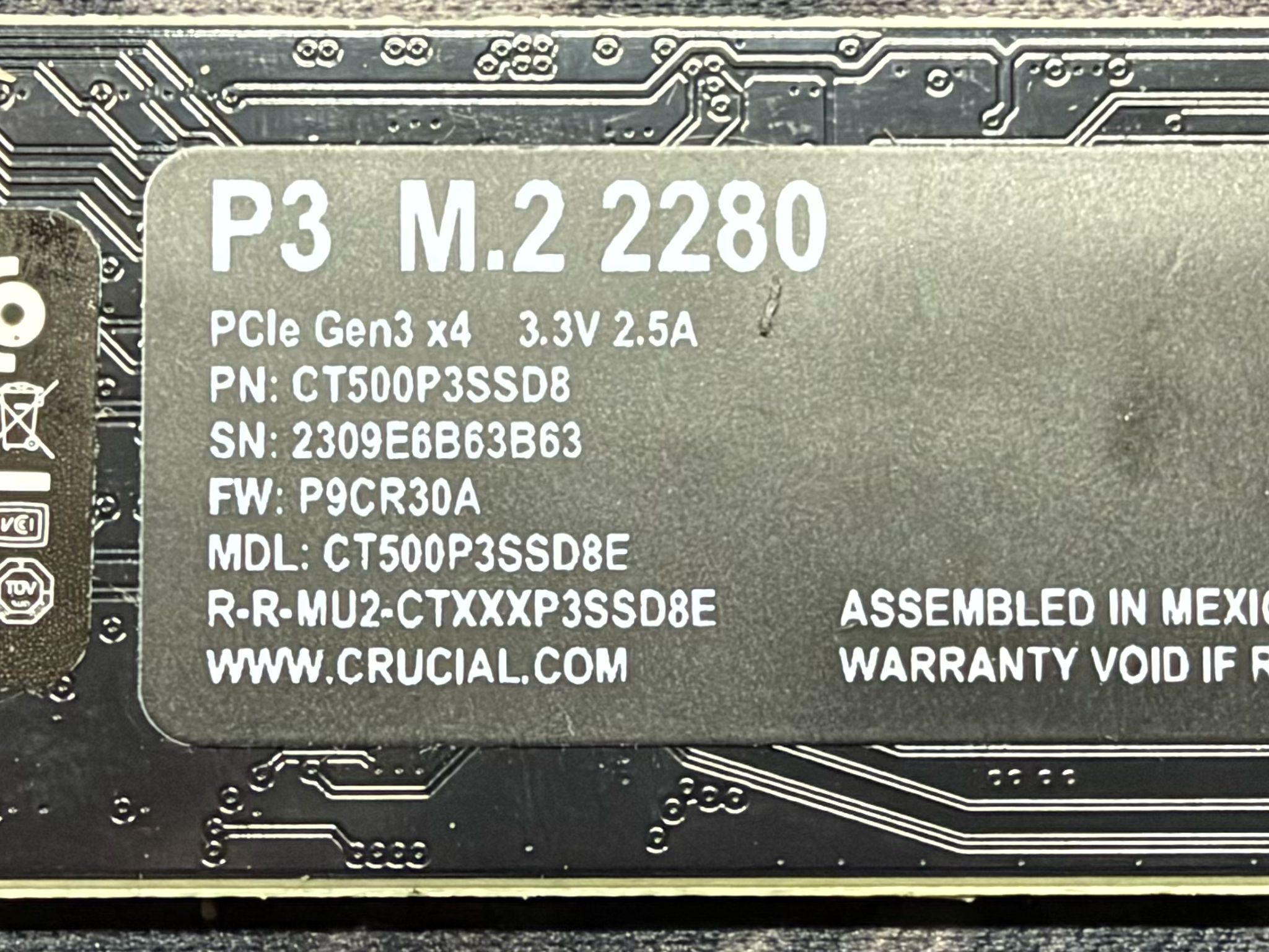 Crucial P3 500 GB NVME SSD (100% Health)