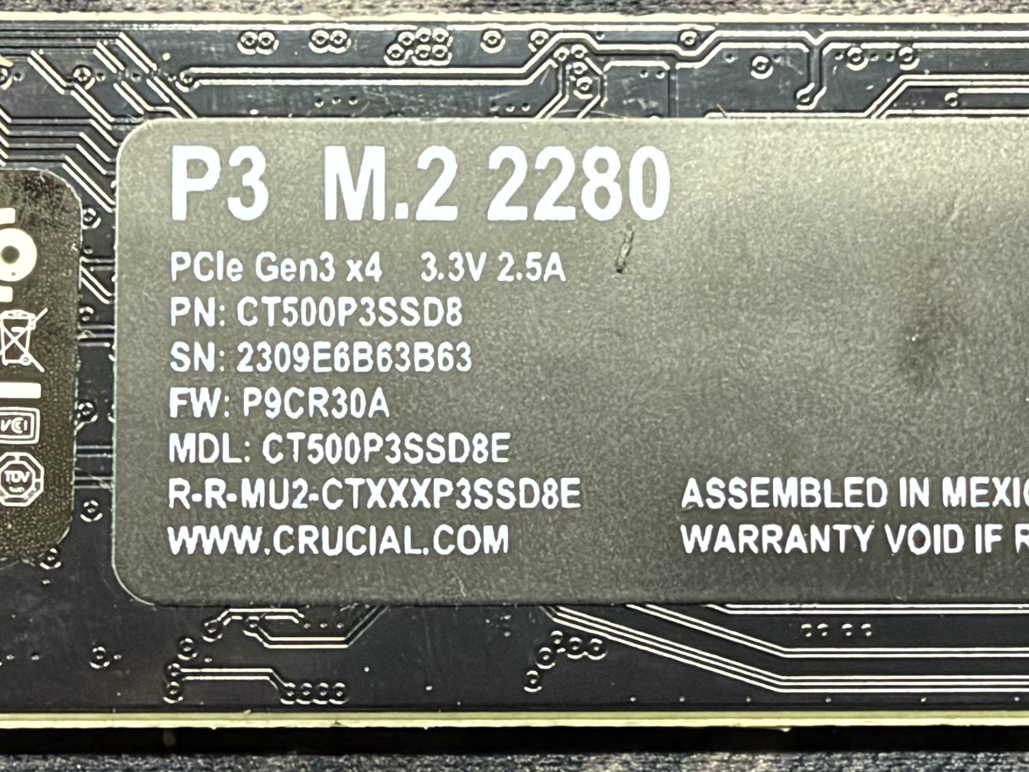 Crucial P3 500 GB NVME SSD (100% Health)