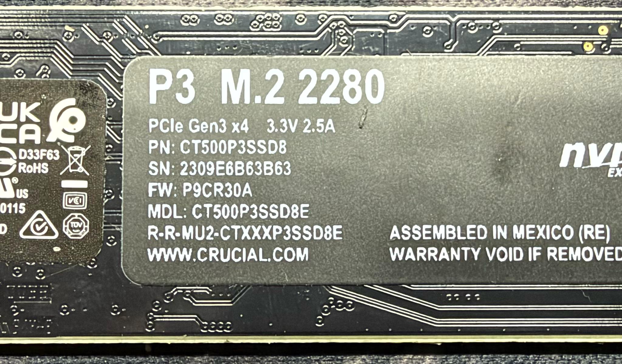 Crucial P3 500 GB NVME SSD (100% Health)