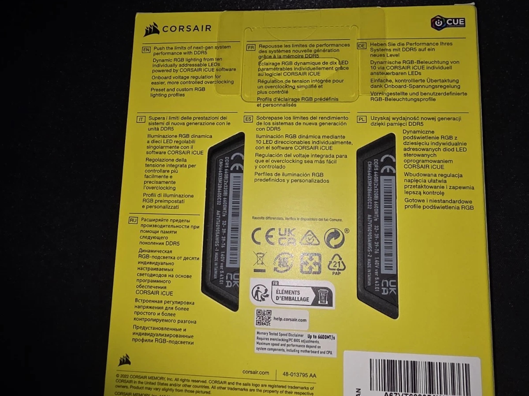 Corsair 64GB (2x32GB) VENGEANCE® RGB DDR5 DRAM 6600MT/s CL32 CMH64GX5M2B6600C32