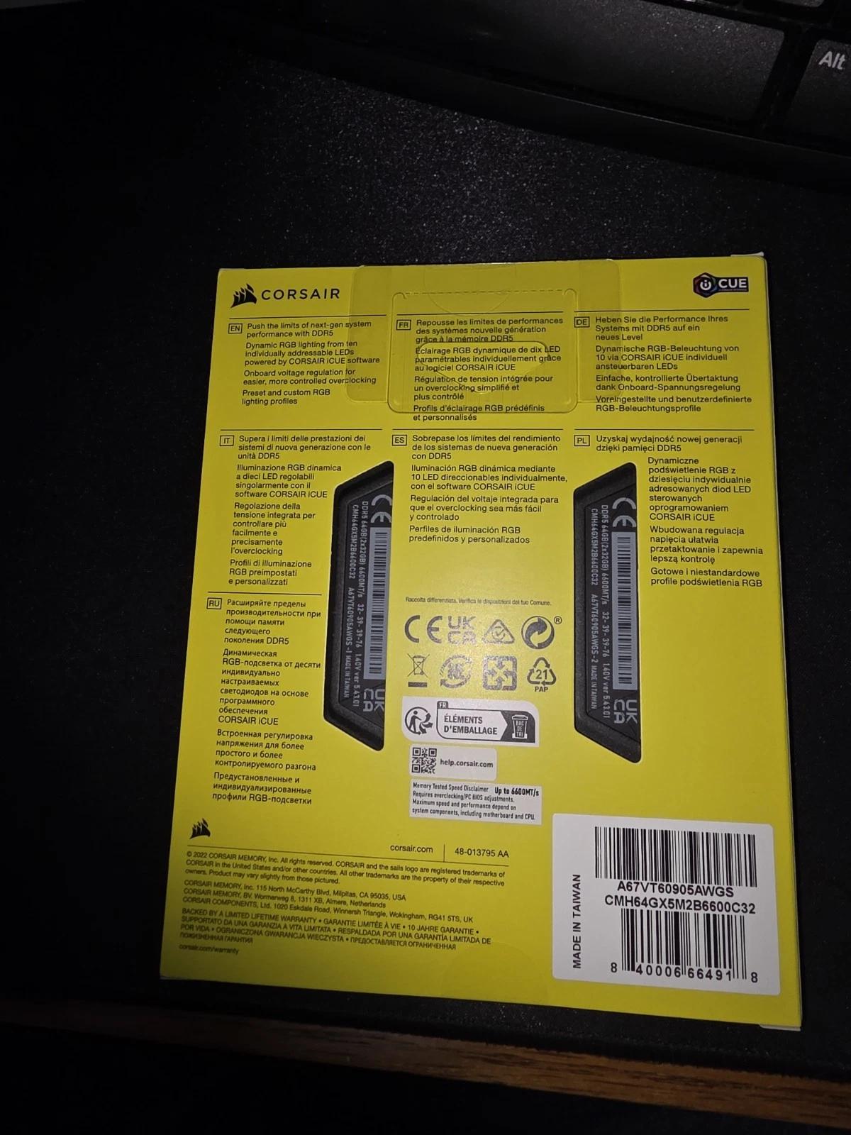 Corsair 64GB (2x32GB) VENGEANCE® RGB DDR5 DRAM 6600MT/s CL32 CMH64GX5M2B6600C32
