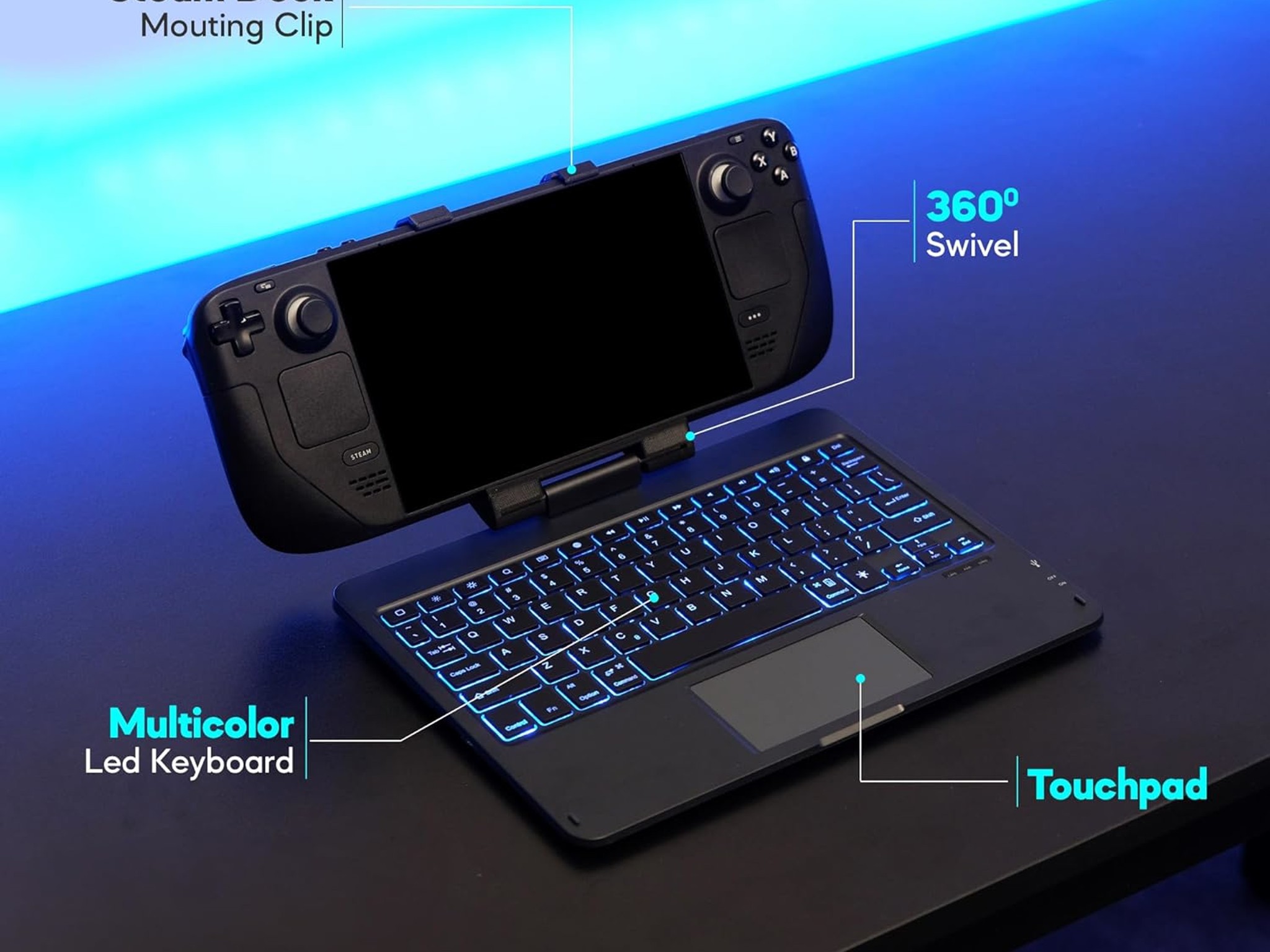 Invensic DeckTop - Steam Deck Keyboard and Bluetooth Trackpad Mouse with Multicolor LED
