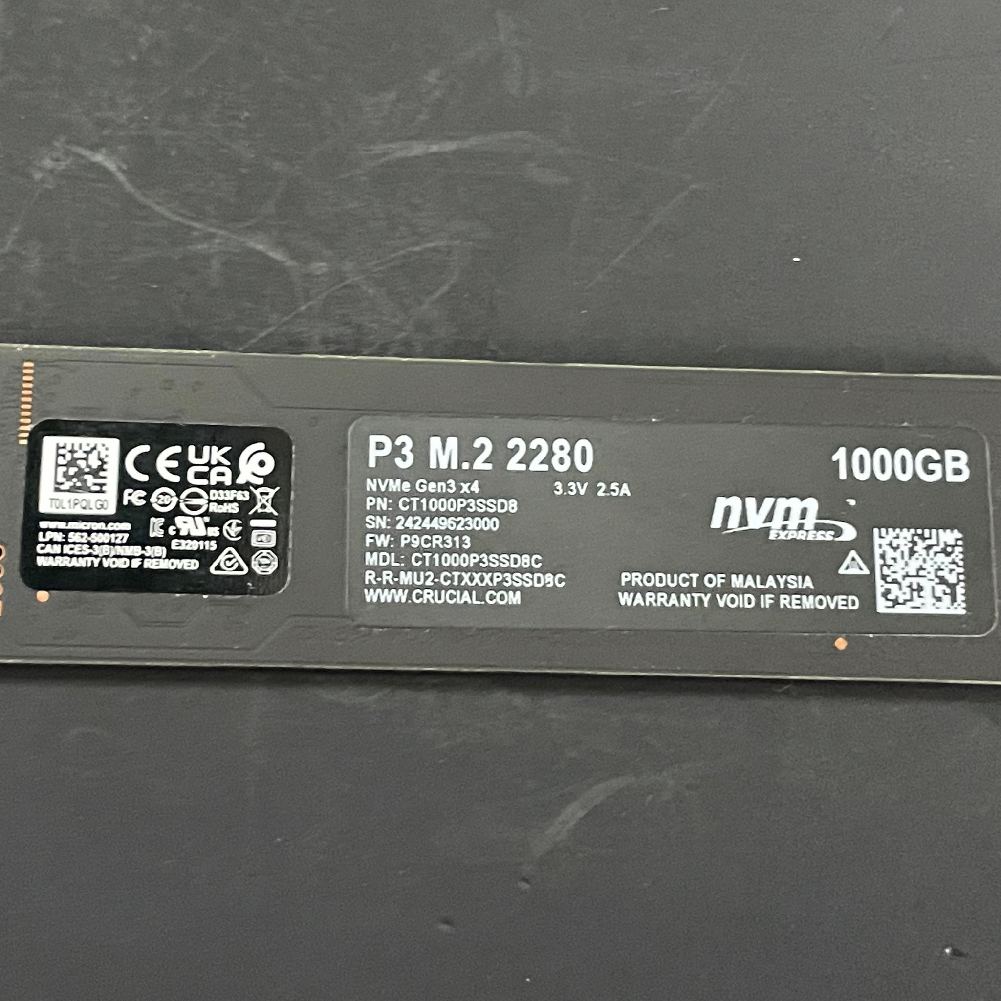 Crucial P3 1TB NVME SSD | **Read Description | Free Shipping