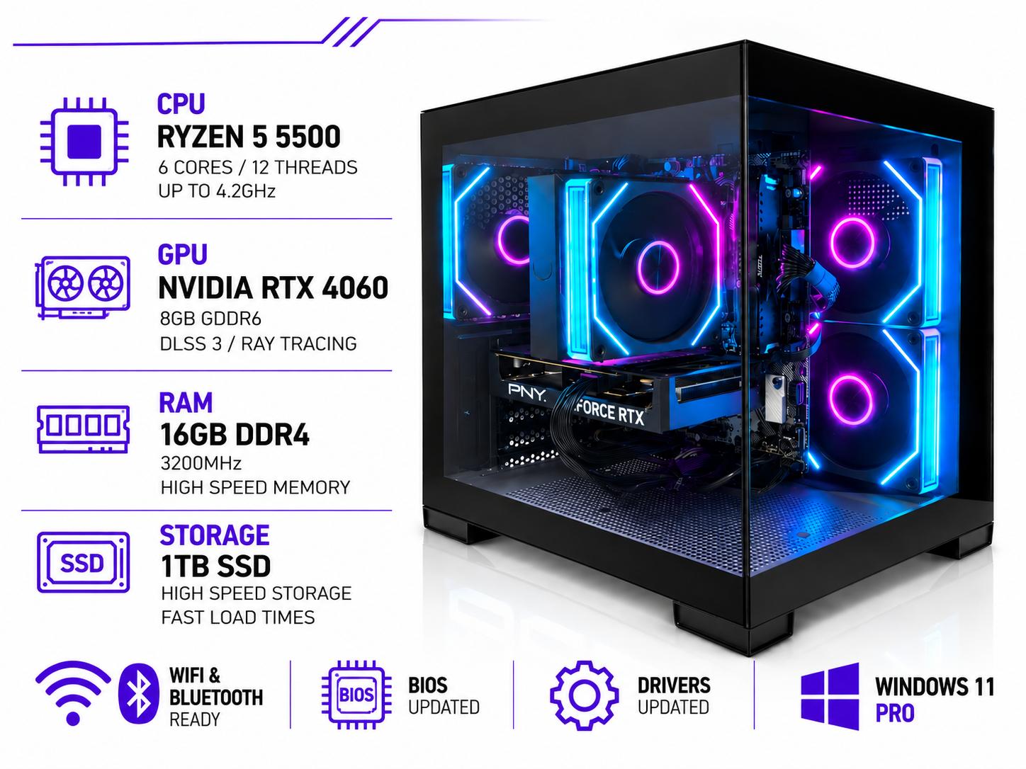 HIGH FPS CUBEX Gaming PC | RTX 4060 OC 8GB | Ryzen 5 5500 | 16GB RAM | 1TB SSD