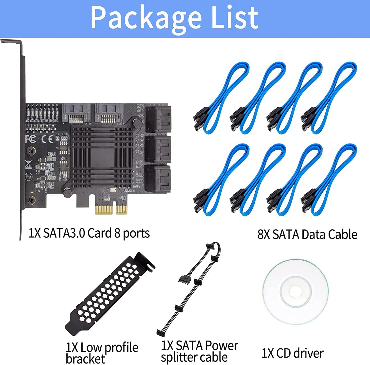 PCIe 8-Port SATA Controller Card 6 Gbps Windows, MAC, Linux w/ 8 SATA Cables & Low Profile Bracket