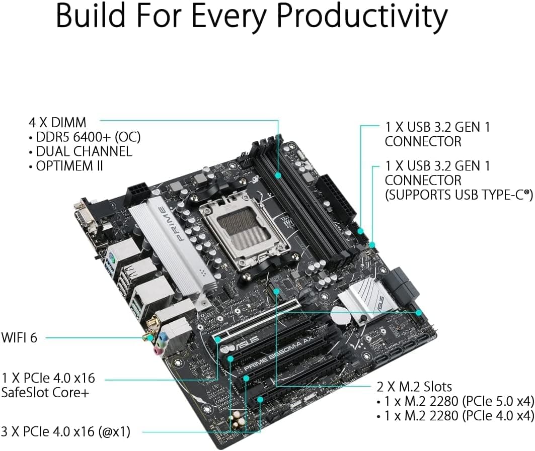 ASUS PRIME B650M-A AX AMD AM5 B650 MicroATX M.2 Desktop Motherboard A
