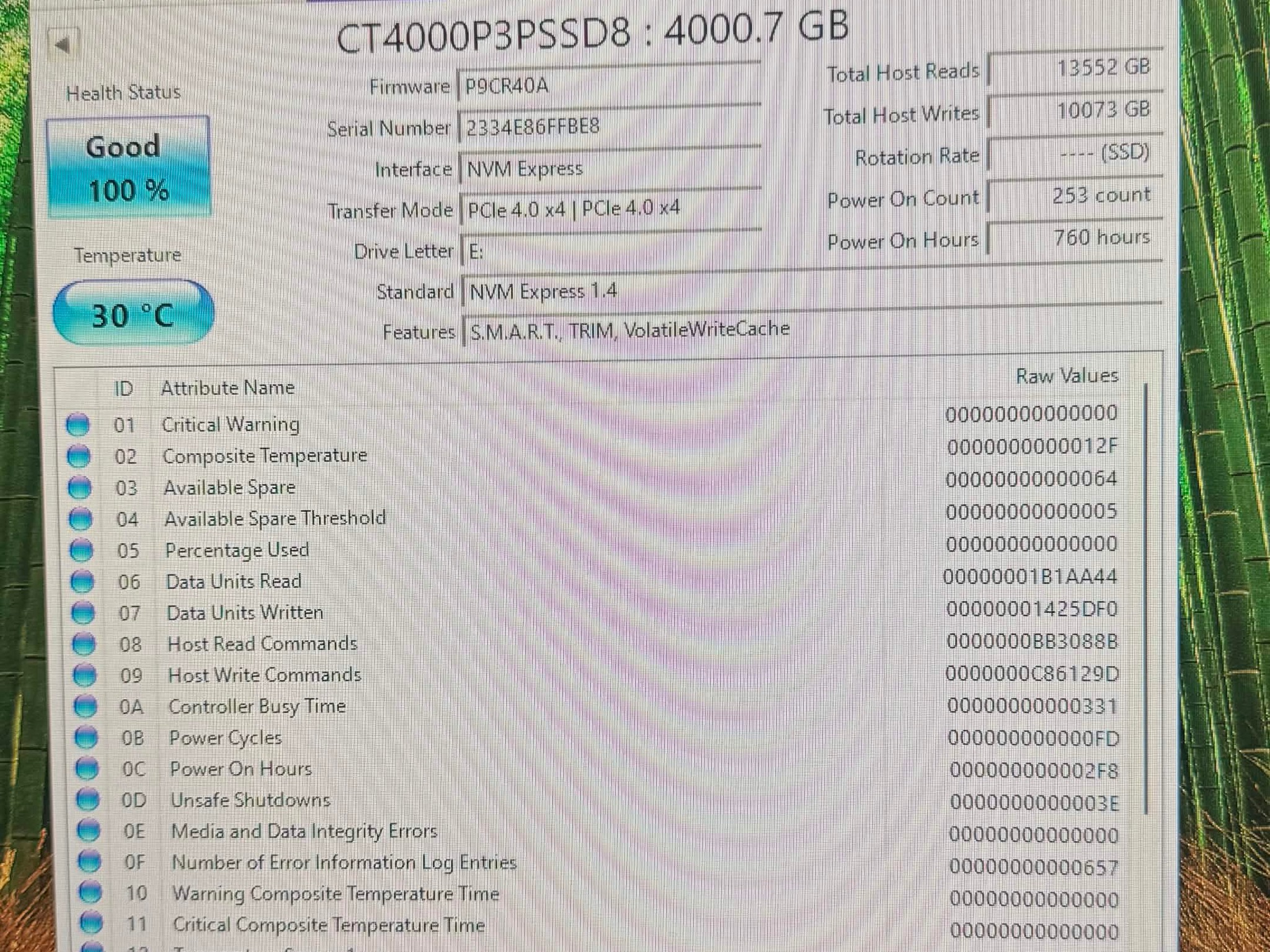 Crucial P3 Plus 4TB M.2 2280 NVMe PCIe Gen4 x4 SSD 100% Health